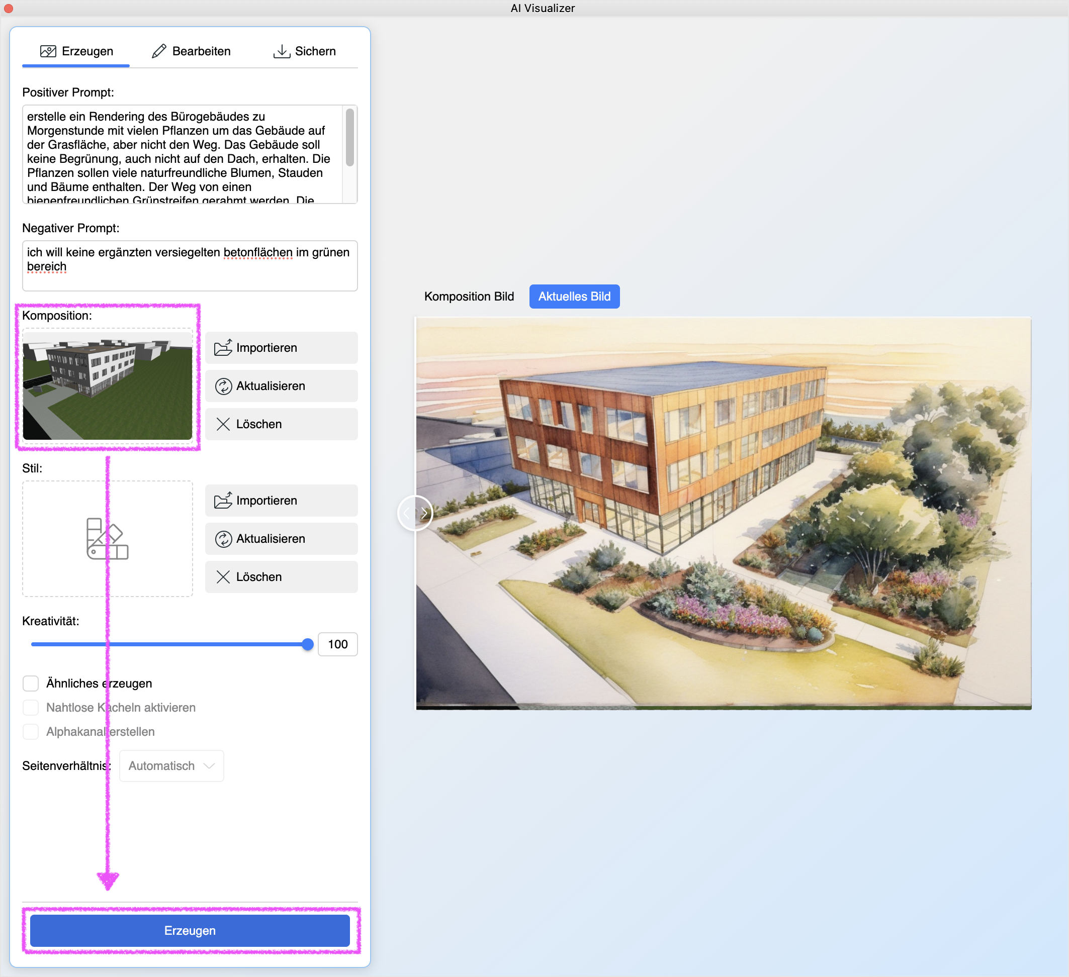 AI‑Visualizer‑Fenster, in dem die aktuelle 3D‑Ansicht des Bürogebäudes als Komposition Bild definiert ist und mit dem Button Erzeugen ein aquarellartiges Rendering erzeugt wird, das die Modellgeometrie samt Umgebungspflanzungen und Wegen perspektivisch wiedergibt.