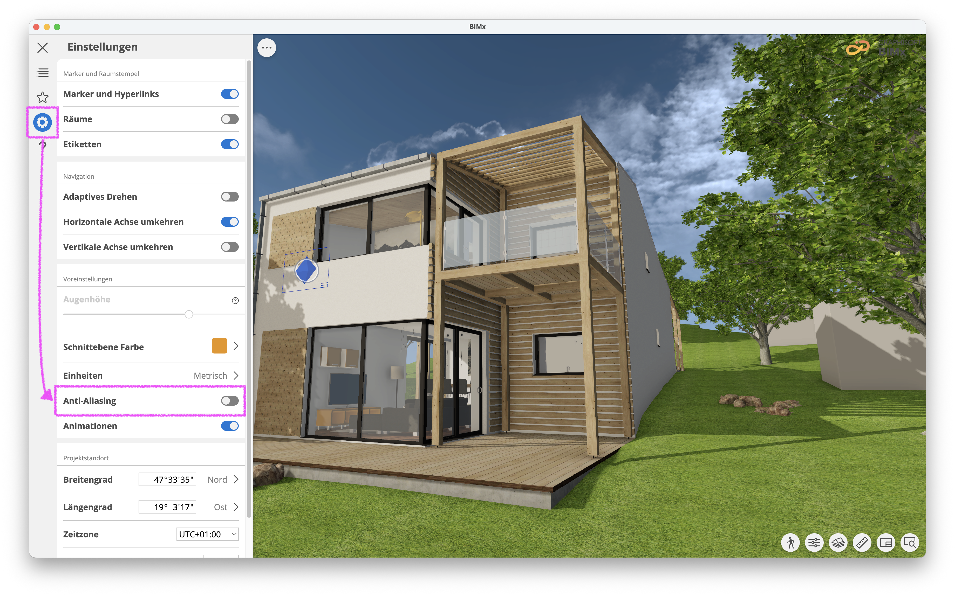 BIMx Viewer mit geöffnetem Einstellungsdialog, in dem unter dem Register Einstellungen die Optionen Marker und Hyperlinks, Räume und Etiketten sowie Navigationsparameter angezeigt werden und die Grafikoption Anti-Aliasing hervorgehoben und deaktiviert ist.