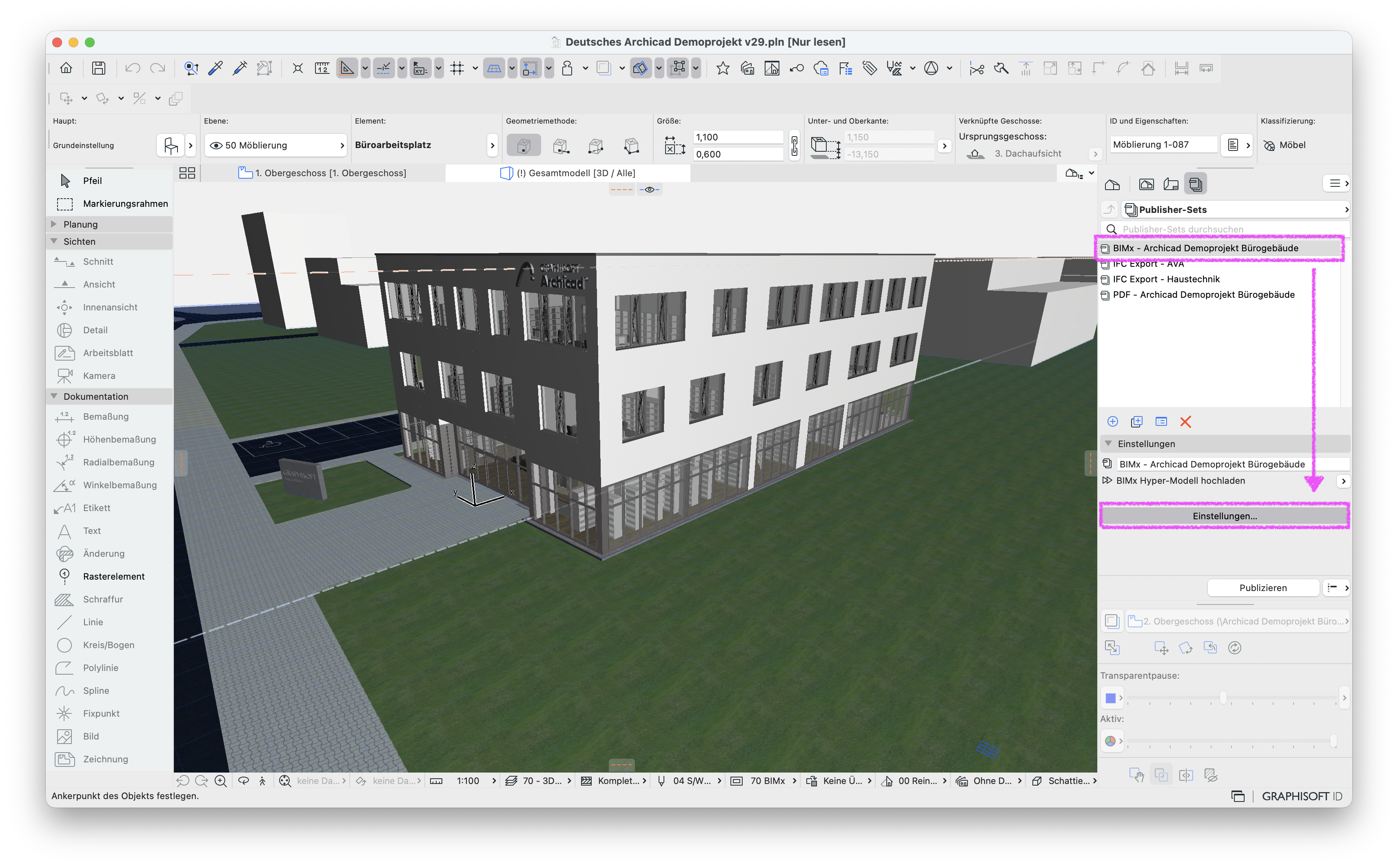 3D‑Fenster eines Bürogebäudes mit geöffnetem Publisher‑Dialog, in dem das Publisher‑Set BIMx – Archicad Demoprojekt Bürogebäude ausgewählt ist und im Bereich Einstellungen die Option BIMx Hyper‑Modell hochladen inklusive der Schaltfläche Einstellungen… hervorgehoben wird, über die die Upload‑ und Darstellungsparameter für das zu erstellende BIMx Hyper‑Modell festgelegt werden können.