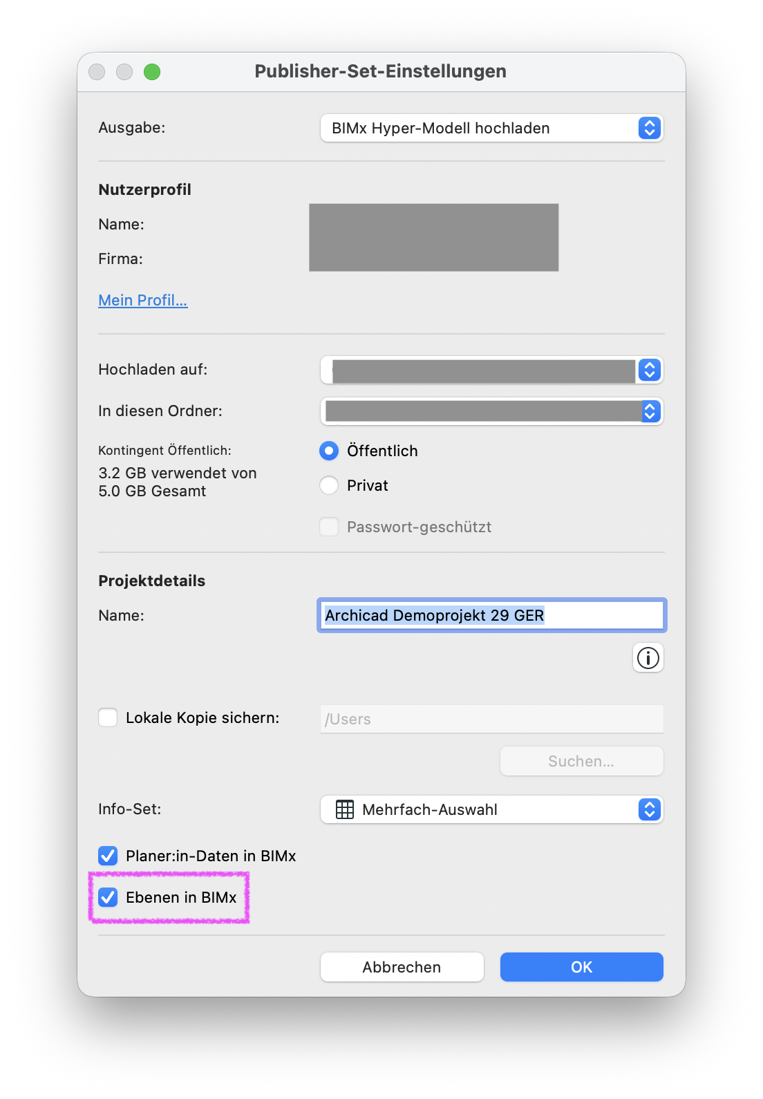 Dialog Publisher‑Set‑Einstellungen für die Ausgabe BIMx Hyper‑Modell hochladen, in dem Upload‑Ziel, Ordner, Projektname und Info‑Set festgelegt werden und die Option Ebenen in BIMx aktiviert ist, sodass die Ebenen‑Informationen des Projekts im veröffentlichten BIMx Hyper‑Modell verfügbar sind.