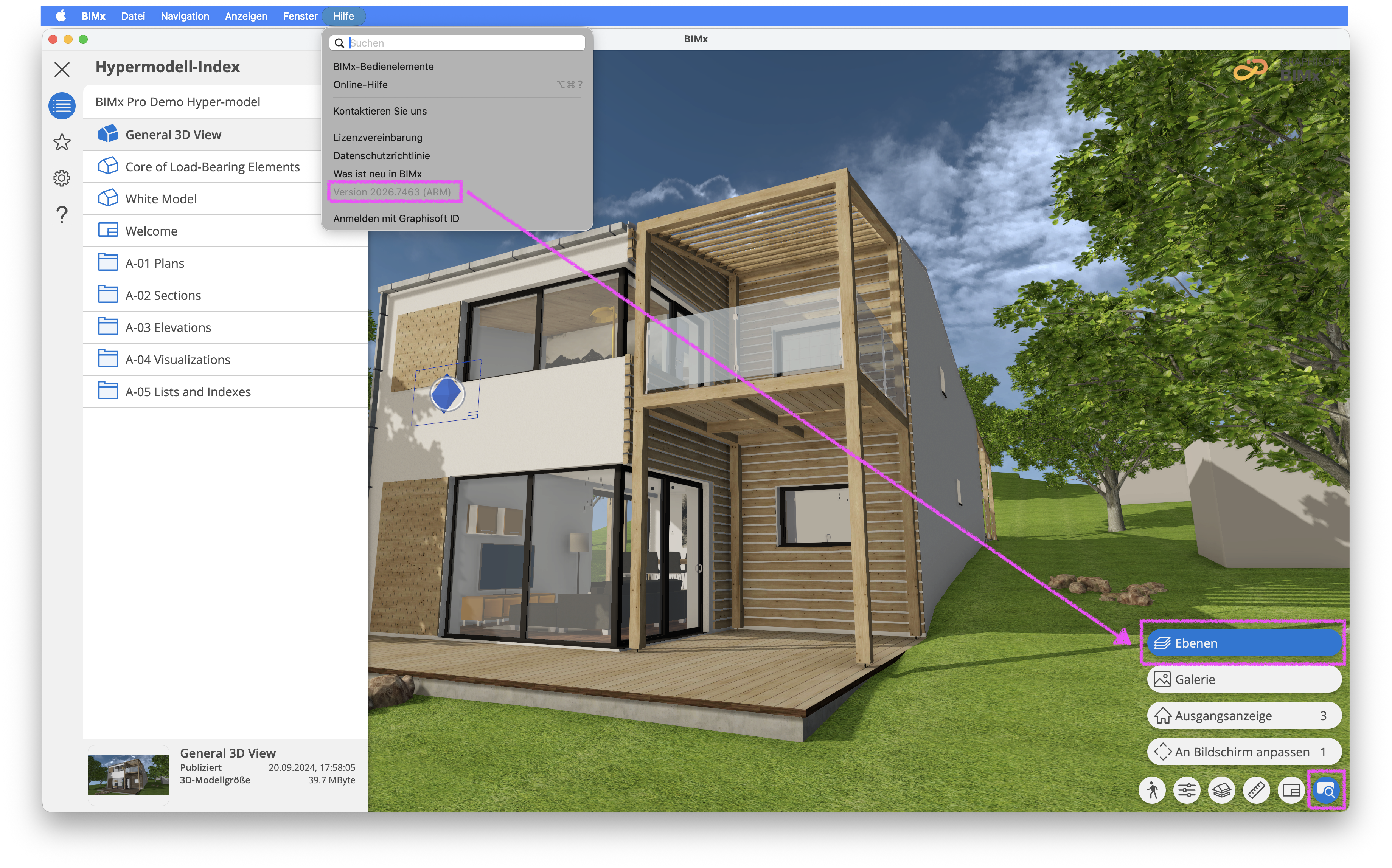 Aktueller BIMx Desktop Viewer mit geöffnetem Hypermodell‑Index, in dem ein BIMx Pro Demo Hyper‑Modell geladen ist und rechts die 3D‑Ansicht des Gebäudes angezeigt wird; unten rechts ist die neue Schaltfläche Ebenen innerhalb des Navigationsmenüs hervorgehoben, über die in dieser Viewer‑Version 2026.7463 (ARM) die Ebenensichtbarkeit direkt im 3D‑Modell gesteuert werden kann.