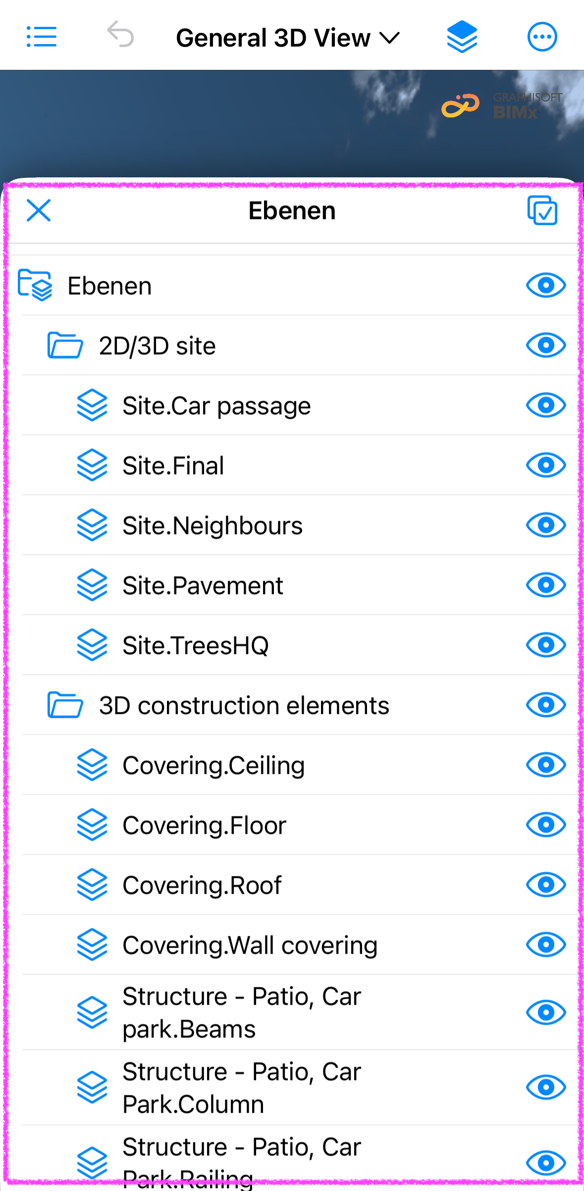 BIMx Mobile Viewer mit geöffneter Ebenenpalette Ebenen in der 3D‑Sicht General 3D View, in der die aus dem Projekt übernommenen Ebenenordner und Ebenen wie 2D/3D site oder 3D construction elements mit einem Augen‑Symbol zur Sichtbarkeitssteuerung angezeigt werden, sodass einzelne Ebenen direkt auf dem mobilen Gerät ein‑ oder ausgeblendet werden können.