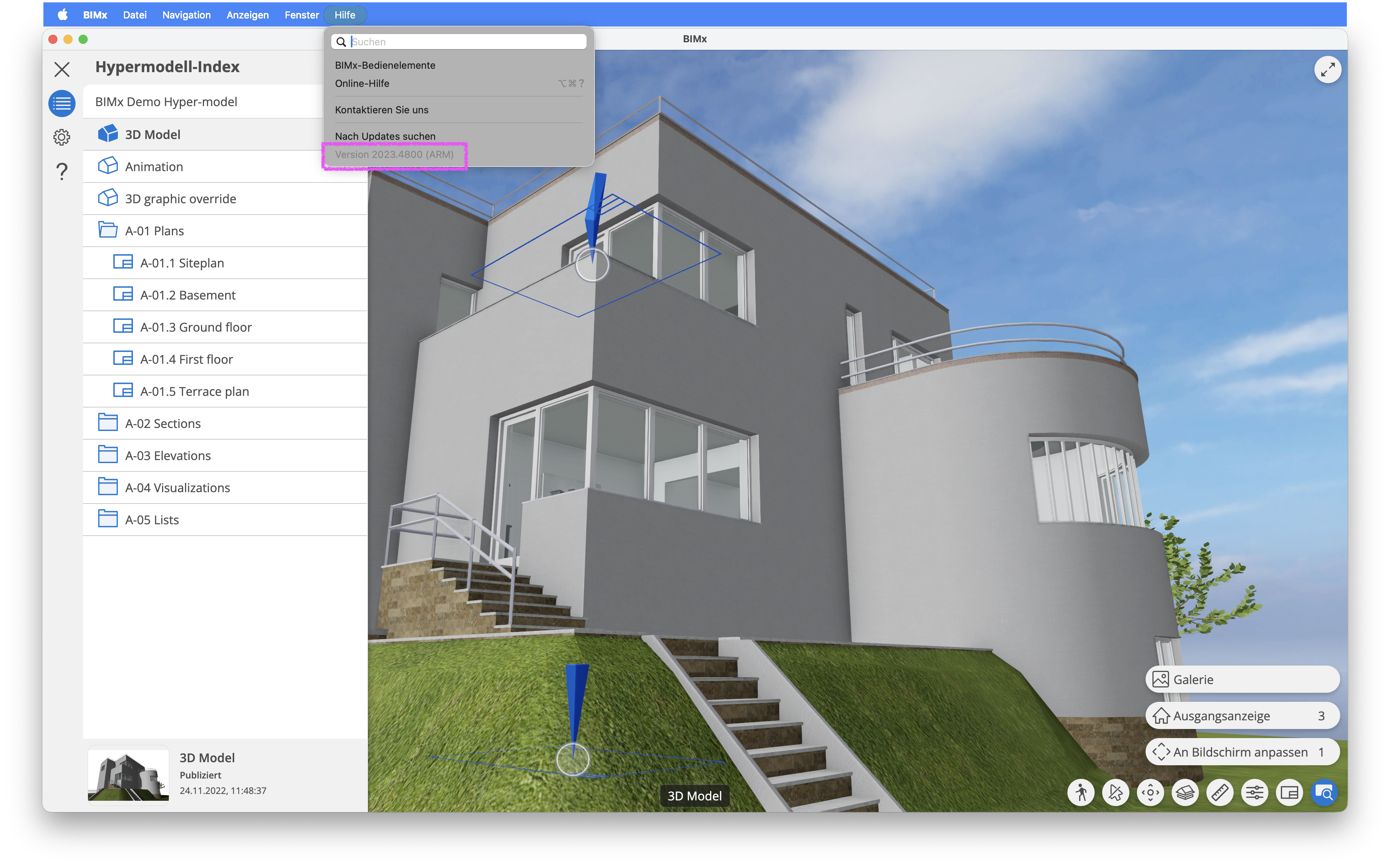 BIMx Desktop Viewer mit geöffnetem Hypermodell‑Index, der links die Struktur des geladenen BIMx Hyper‑Modells mit 3D‑Modell, Animationen, Plänen, Schnitten, Ansichten, Visualisierungen und Listen zeigt, während rechts die 3D‑Darstellung des Gebäudes mit interaktiven Markern und unten die aktive 3D‑Modell‑Registerkarte angezeigt wird; im Hilfe‑Menü ist zudem die installierte Programmversion 2023.4800 (ARM) eingeblendet.