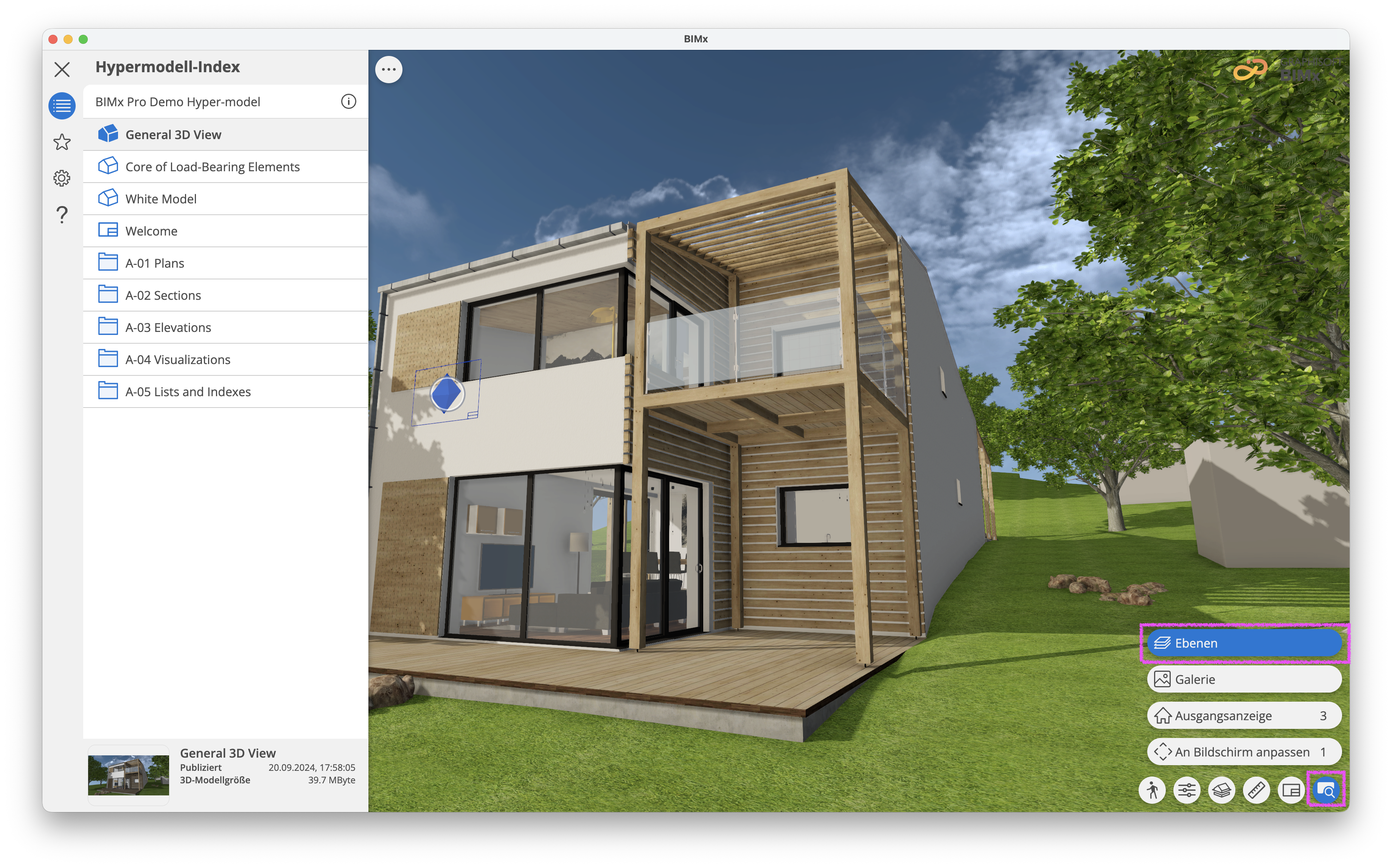 BIMx Desktop Viewer mit geöffnetem Hypermodell‑Index, in dem ein BIMx Pro Demo Hyper‑Modell angezeigt wird; rechts zeigt die 3D‑Ansicht das Gebäude, während unten rechts im Navigationsmenü die neue Schaltfläche Ebenen hervorgehoben ist, über die in dieser aktuellen Viewer‑Version die Ebenensichtbarkeit des 3D‑Modells gesteuert werden kann.