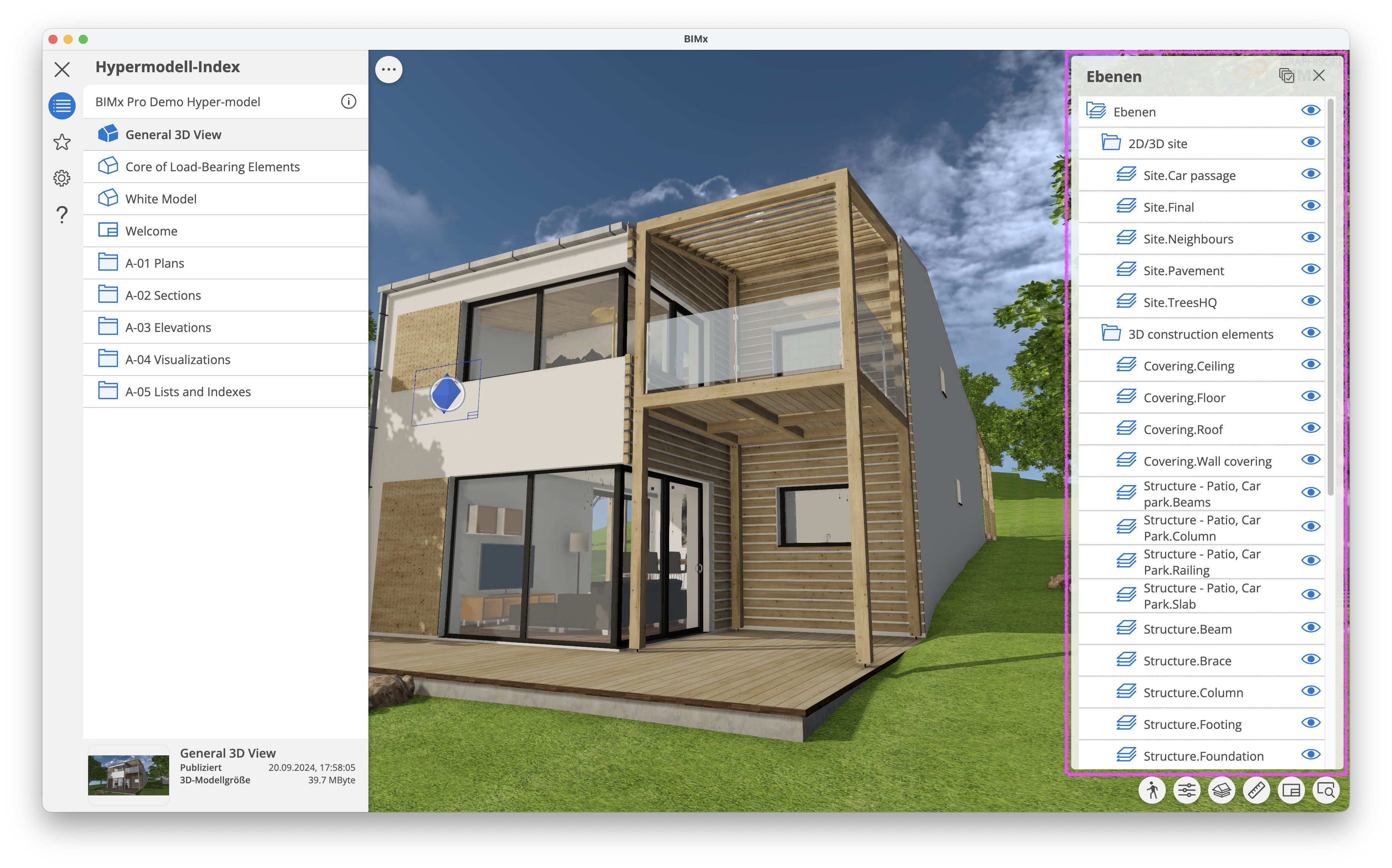 BIMx Desktop Viewer mit geöffnetem Hypermodell‑Index und aktiver 3D‑Sicht General 3D View, bei der rechts die Ebenenpalette Ebenen eingeblendet ist; in dieser Palette werden die aus dem Projekt übernommenen Ebenen‑ und Ebenenordner mit einem Augen‑Symbol zur Sichtbarkeitssteuerung angezeigt, sodass einzelne Ebenen oder ganze Ebenengruppen direkt im 3D‑Modell ein‑ oder ausgeblendet werden können.