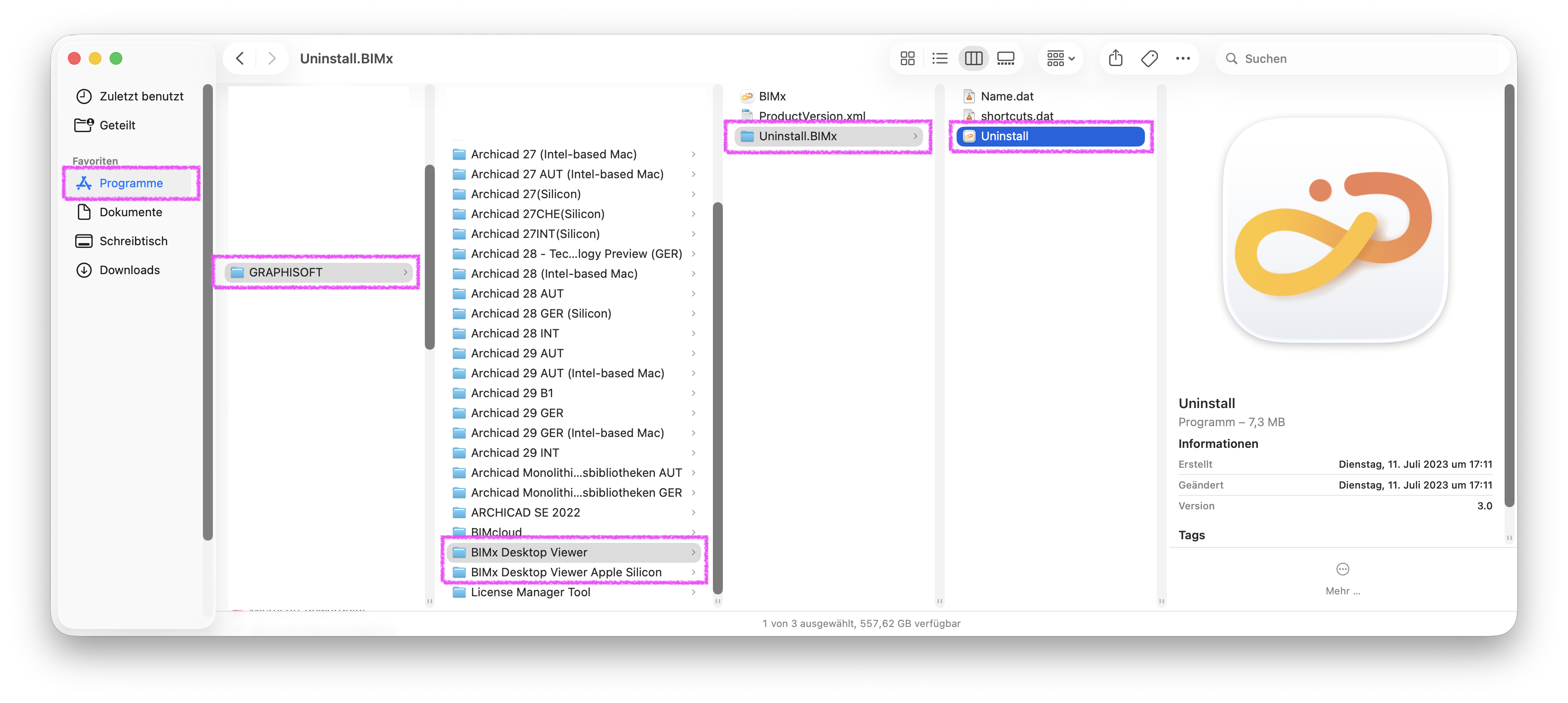 macOS Finder‑Fenster mit geöffnetem Ordner Programme, in dem der Unterordner GRAPHISOFT markiert ist; darin sind verschiedene Produkt‑Ordner sowie die Ordner BIMx Desktop Viewer und BIMx Desktop Viewer Apple Silicon sichtbar, und im ausgewählten Ordner Uninstall.BIMx liegt das Programm Uninstall mit BIMx‑Symbol, über das sich der Desktop Viewer vollständig deinstallieren lässt.