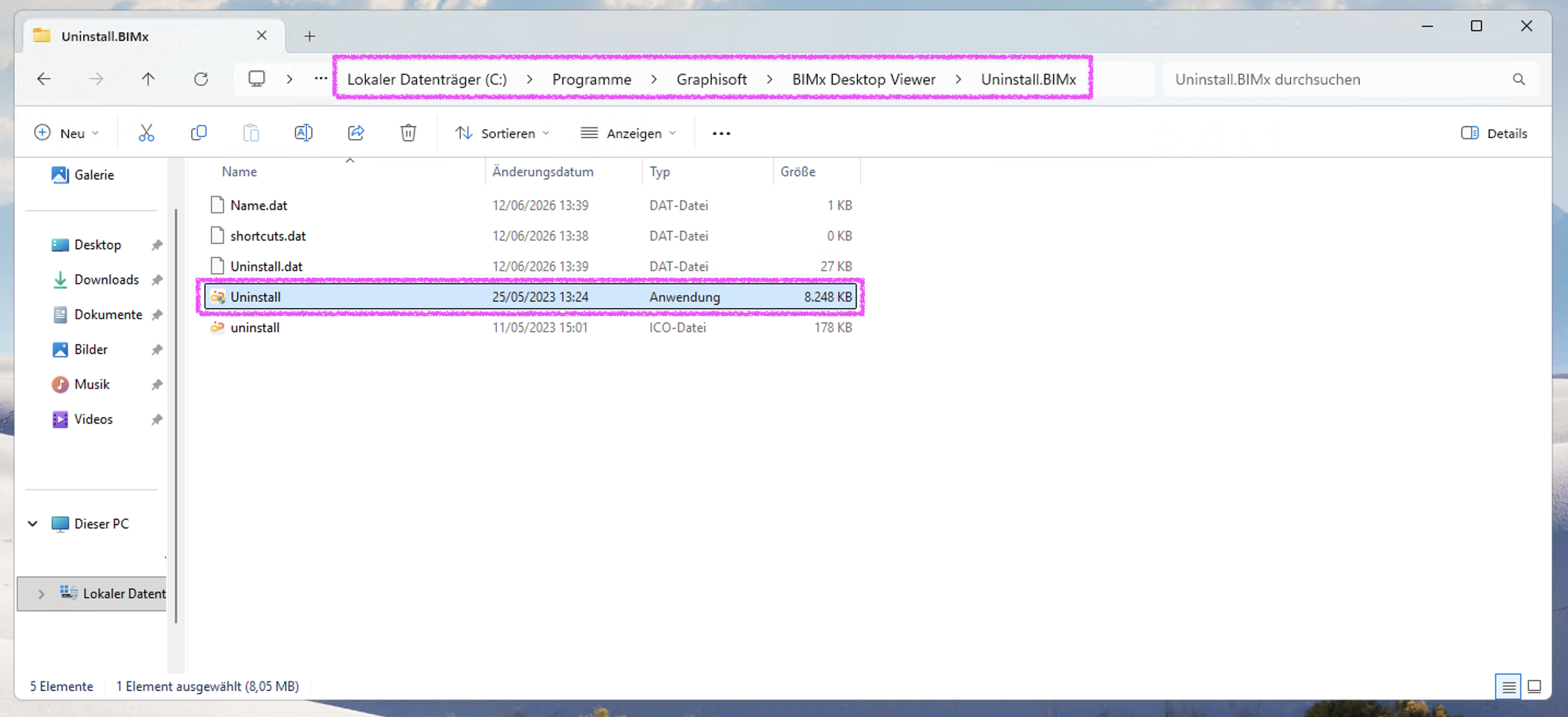 Windows Explorer‑Fenster mit geöffnetem Pfad Lokaler Datenträger (C:) > Programme > Graphisoft > BIMx Desktop Viewer > Uninstall.BIMx, in dem die Dateien Name.dat, shortcuts.dat, Uninstall.dat sowie die Anwendung Uninstall markiert sind; über diese ausführbare Datei lässt sich der BIMx Desktop Viewer unter Windows vollständig deinstallieren.