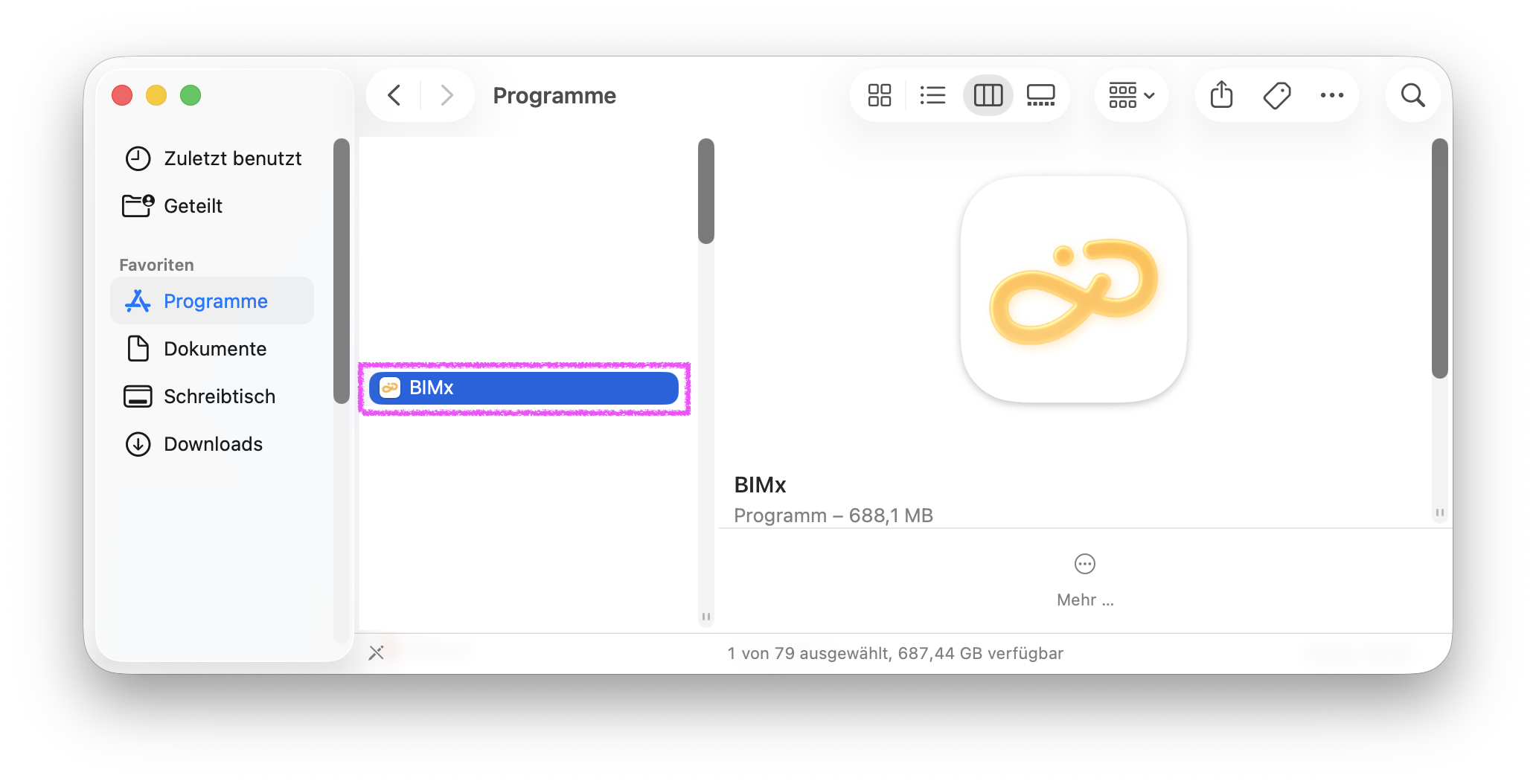 macOS Finder‑Fenster mit geöffnetem Ordner Programme, in dem die aus dem Apple App Store installierte Desktop‑Anwendung BIMx mit ihrem gelben BIMx‑Symbol markiert ist; diese App kann wie andere Programme direkt aus dem Programme‑Ordner gestartet werden.