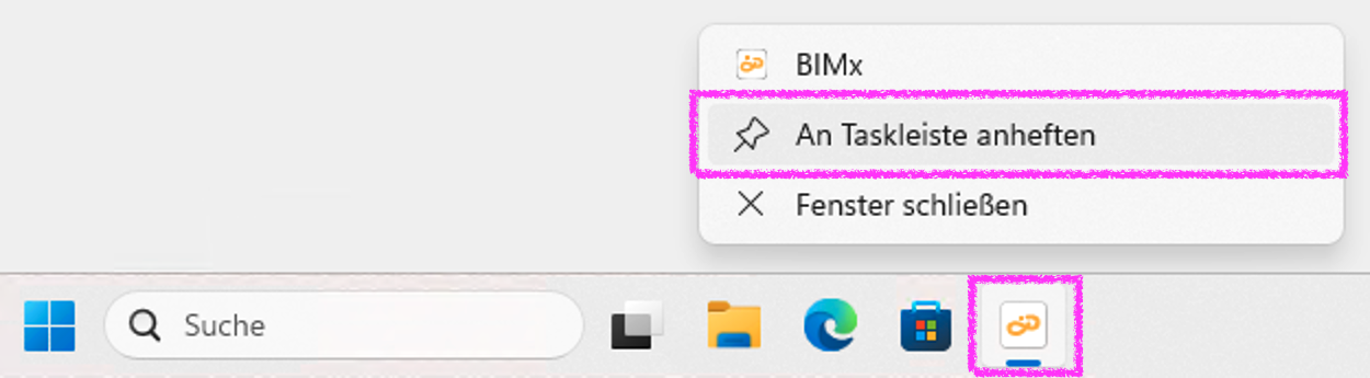Windows 11 Taskleiste mit geöffnetem Kontextmenü des BIMx‑Symbols, in dem die Option An Taskleiste anheften hervorgehoben ist; durch Auswählen dieser Funktion wird die BIMx Desktop‑Anwendung dauerhaft an der Taskleiste angeheftet und bleibt dort für den schnellen Zugriff sichtbar.