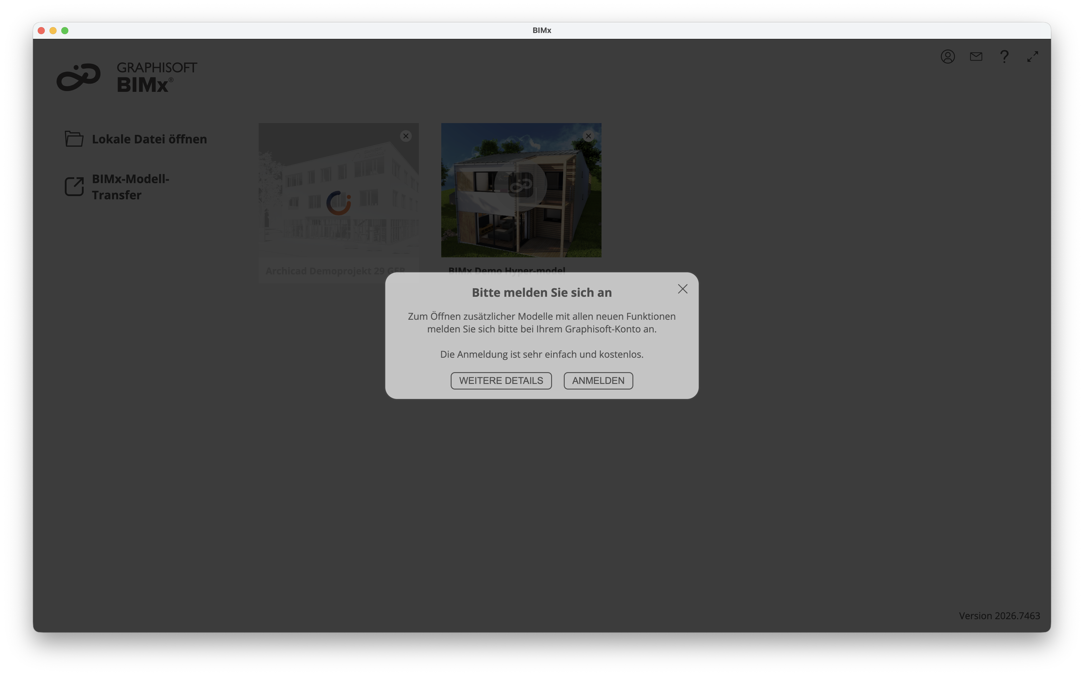 BIMx Desktop‑Anwendung auf macOS mit abgedunkeltem Startbildschirm, auf dem ein Hinweisdialog Bitte melden Sie sich an eingeblendet ist; der Dialog erklärt, dass zum Öffnen zusätzlicher Modelle mit allen neuen Funktionen eine Anmeldung mit dem Graphisoft‑Konto erforderlich ist, und bietet die Schaltflächen Weitere Details und Anmelden, während im Hintergrund weiterhin die Liste der vorhandenen Hyper‑Modelle sichtbar bleibt.