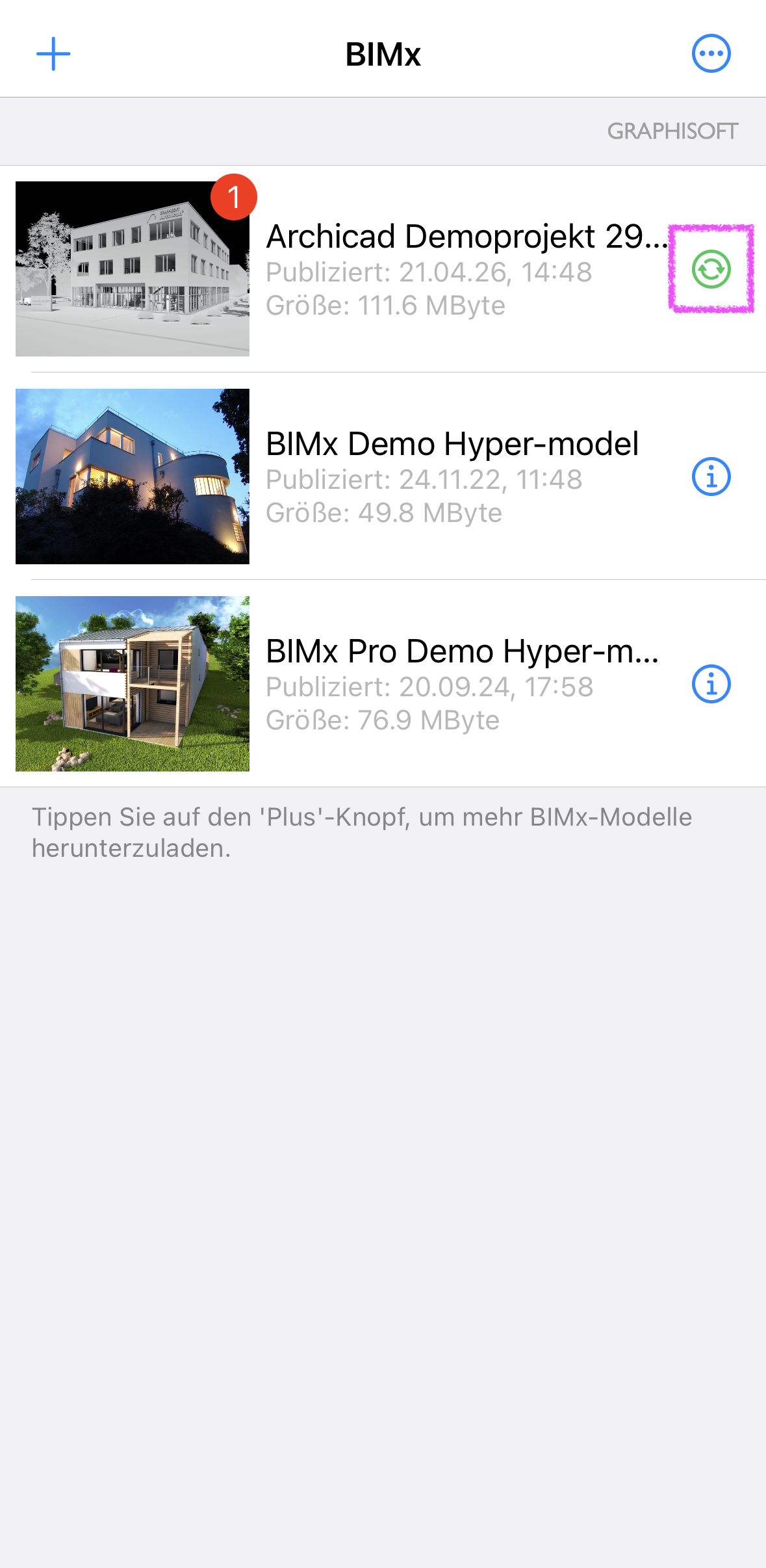 Startansicht der mobilen BIMx‑App, in der mehrere Hyper‑Modelle wie Archicad Demoprojekt 29…, BIMx Demo Hyper‑model und BIMx Pro Demo Hyper‑model gelistet sind; neben dem Eintrag des Archicad Demoprojekts wird ein grünes Kreissymbol mit Doppelpfeil hervorgehoben, das anzeigt, dass für dieses Modell ein Update von der BIMx Model Transfer‑Webseite verfügbar ist und das Hyper‑Modell über die Synchronisationsfunktion aktualisiert werden kann.