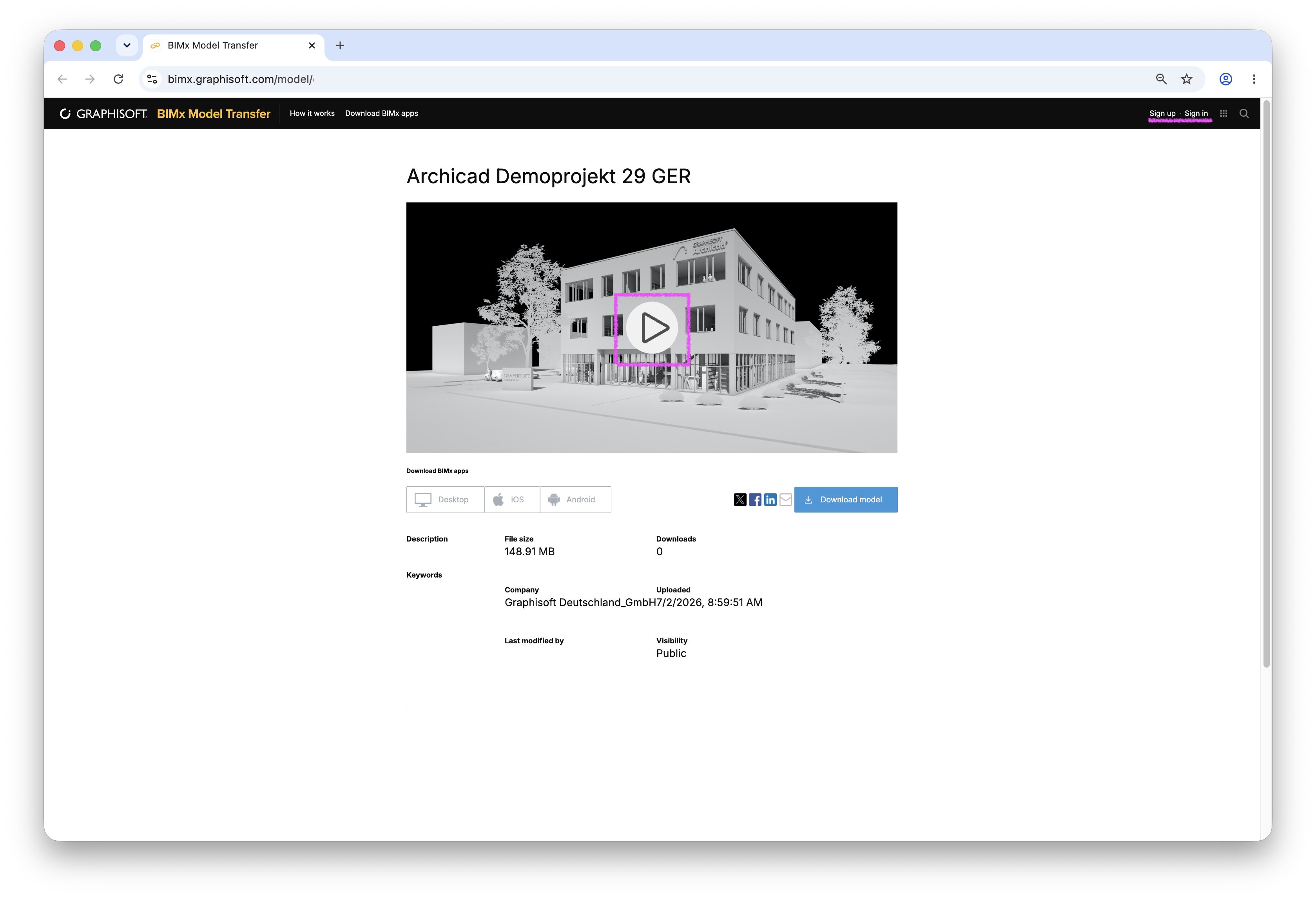 Webseite der BIMx Model Transfer‑Plattform im Browser, auf der das Hyper‑Modell Archicad Demoprojekt 29 GER angezeigt wird; in der Mitte befindet sich die große Vorschaugrafik des Gebäudemodells mit einem hervorgehobenen Play‑Symbol, über das das Modell direkt im BIMx Web Viewer gestartet werden kann, während darunter Informationen wie Dateigröße, Upload‑Zeitpunkt, Sichtbarkeit Public sowie Schaltflächen zum Herunterladen und Teilen des Modells aufgeführt sind.
