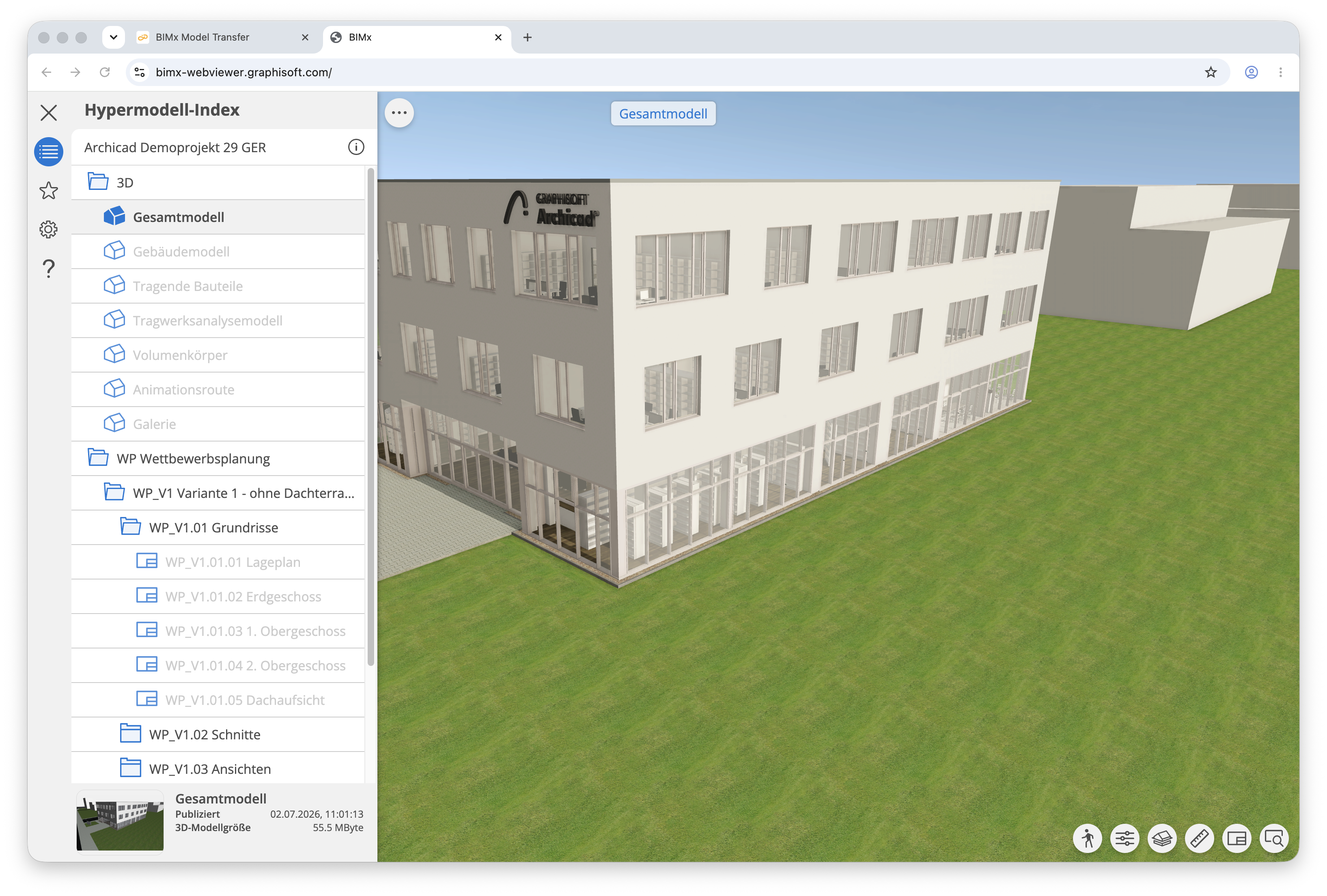 Aktive Ansicht des BIMx Web Viewers im Browser, in der das Hyper‑Modell Archicad Demoprojekt 29 GER geöffnet ist; links zeigt der Hypermodell‑Index die strukturierte Liste der verfügbaren 3D‑Modelle und Layout‑Sichten wie Gesamtmodell, Gebäudemodell und verschiedene Grundrisse und Schnitte, während rechts das 3D‑Gesamtmodell des Bürogebäudes mit Umgebung im Navigationsfenster dargestellt wird.