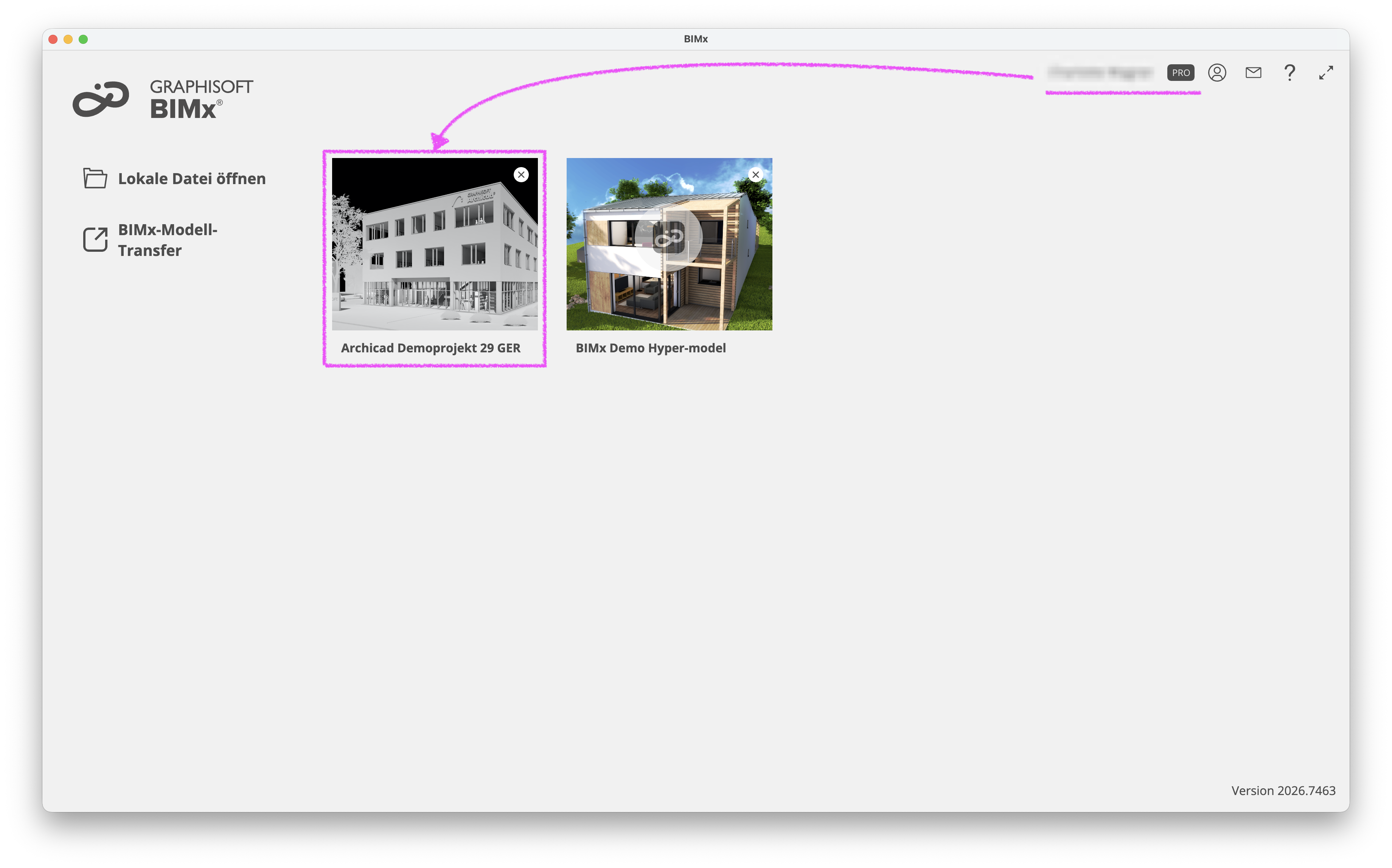 BIMx Desktop‑Startbildschirm auf macOS, auf dem links die Optionen Lokale Datei öffnen und BIMx‑Modell‑Transfer sichtbar sind, während in der Mitte das Hyper‑Modell Archicad Demoprojekt 29 GER markiert ist; oben rechts wird der angemeldete Benutzer mit Graphisoft‑Konto angezeigt, inklusive PRO‑Hinweis, der auf aktivierte BIMx‑Pro‑Funktionen hinweist.