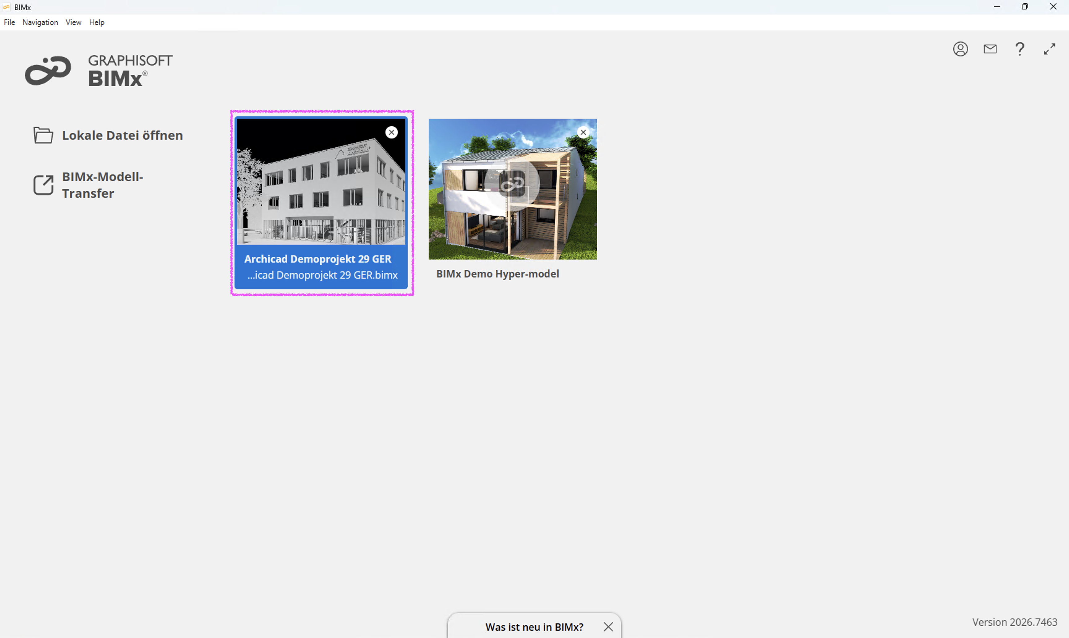 Startbildschirm der BIMx Desktop‑Anwendung unter Windows, auf dem links die Optionen Lokale Datei öffnen und BIMx‑Modell‑Transfer angezeigt werden, während in der Mitte das lokal gespeicherte Hyper‑Modell Archicad Demoprojekt 29 GER mitsamt Dateinamen …29 GER.bimx hervorgehoben ist und rechts daneben das Beispielprojekt BIMx Demo Hyper‑model als weiteres zu öffnendes Modell zur Verfügung steht.