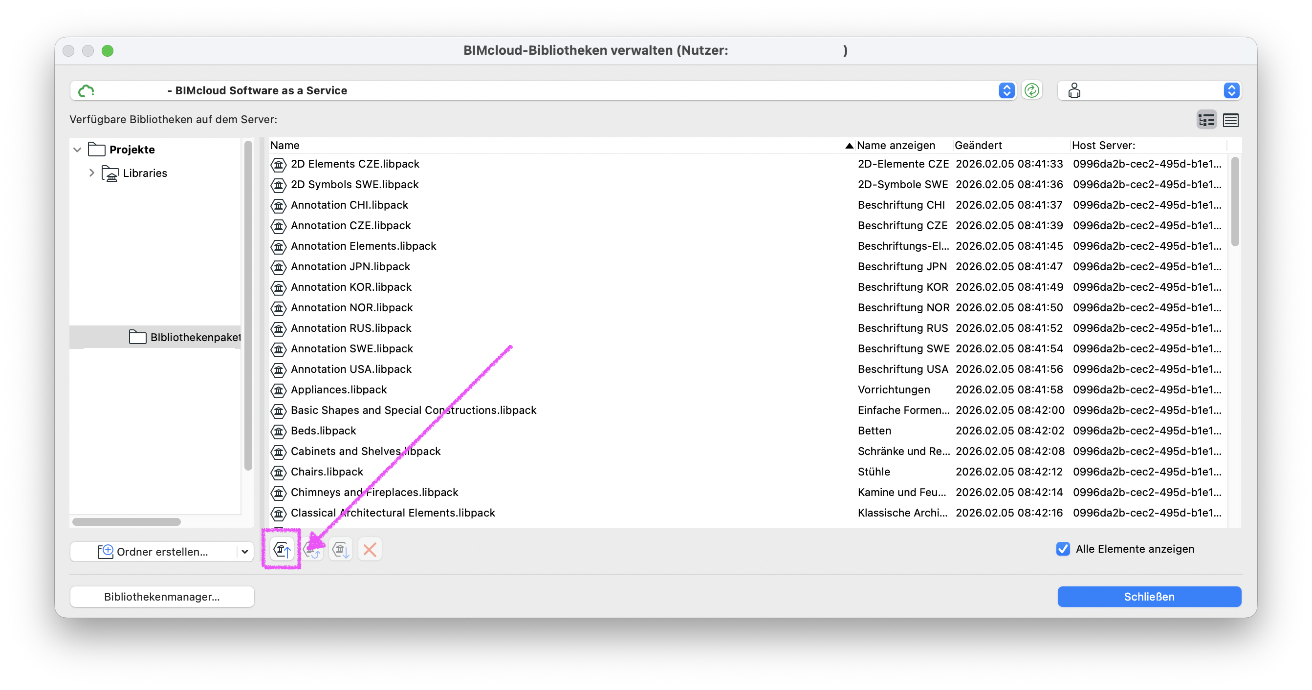 Dialogfenster BIMcloud‑Bibliotheken verwalten einer BIMcloud Software as a Service‑Instanz, in dem im Ordner Bibliothekenpakete mehrere Libpacks wie 2D Elements CZE.libpack, Appliances.libpack oder Chimneys and Fireplaces.libpack aufgelistet sind; unten ist die Schaltfläche zum Hochladen einer lokalen Bibliothek auf die BIMcloud hervorgehoben, mit der neue oder aktualisierte Bibliotheken aus dem lokalen Dateisystem in die BIMcloud‑Serverbibliothek übernommen werden können.