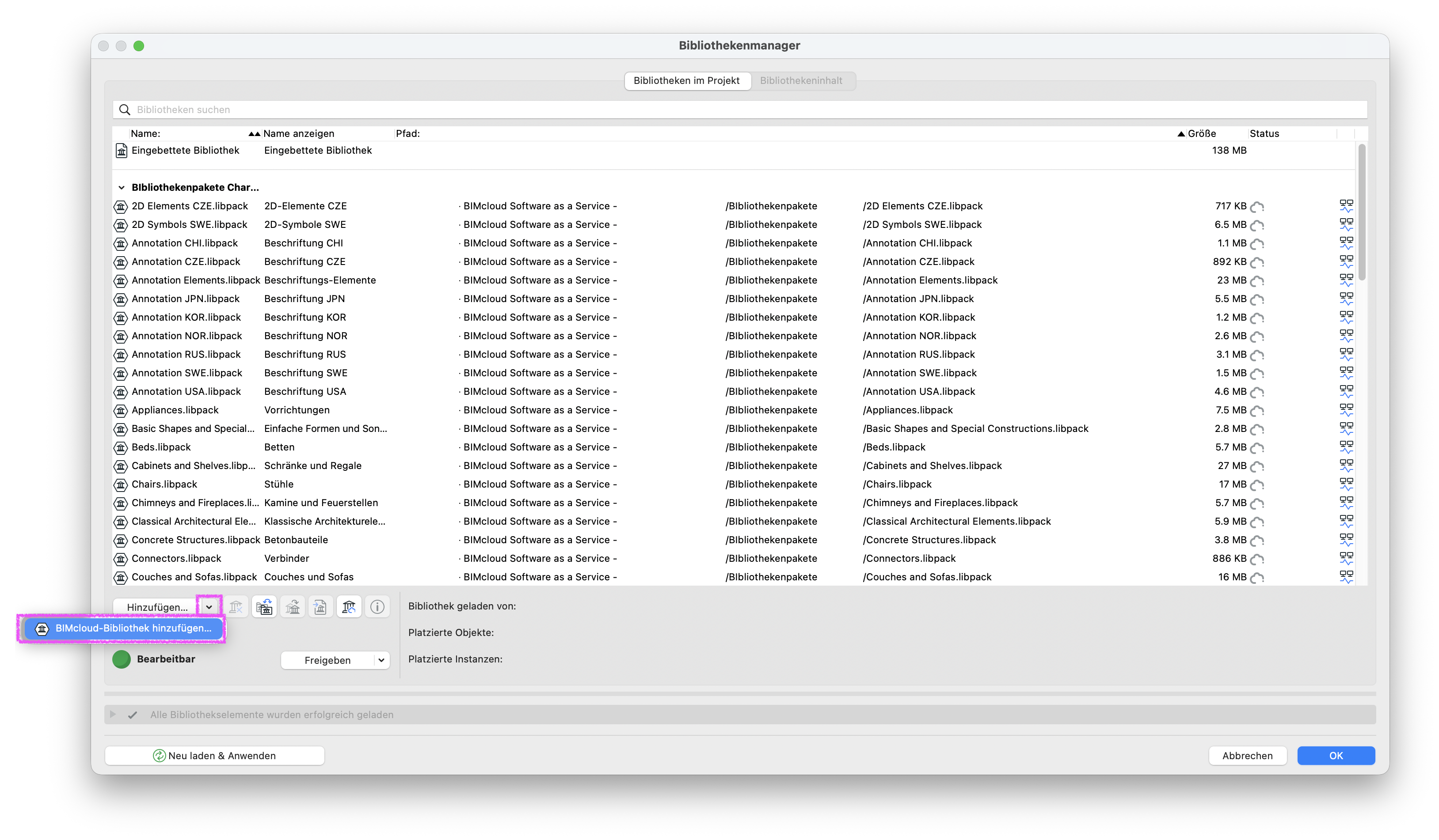 Dialogfenster Bibliothekenmanager eines Projekts, in dem unter Bibliothekenpakete zahlreiche auf einer BIMcloud Software as a Service verknüpfte Libpacks wie Annotation CZE.libpack, Appliances.libpack oder Concrete Structures.libpack angezeigt werden; im unteren Bereich ist in der Schaltfläche Hinzufügen die Option BIMcloud‑Bibliothek hinzufügen... hervorgehoben.