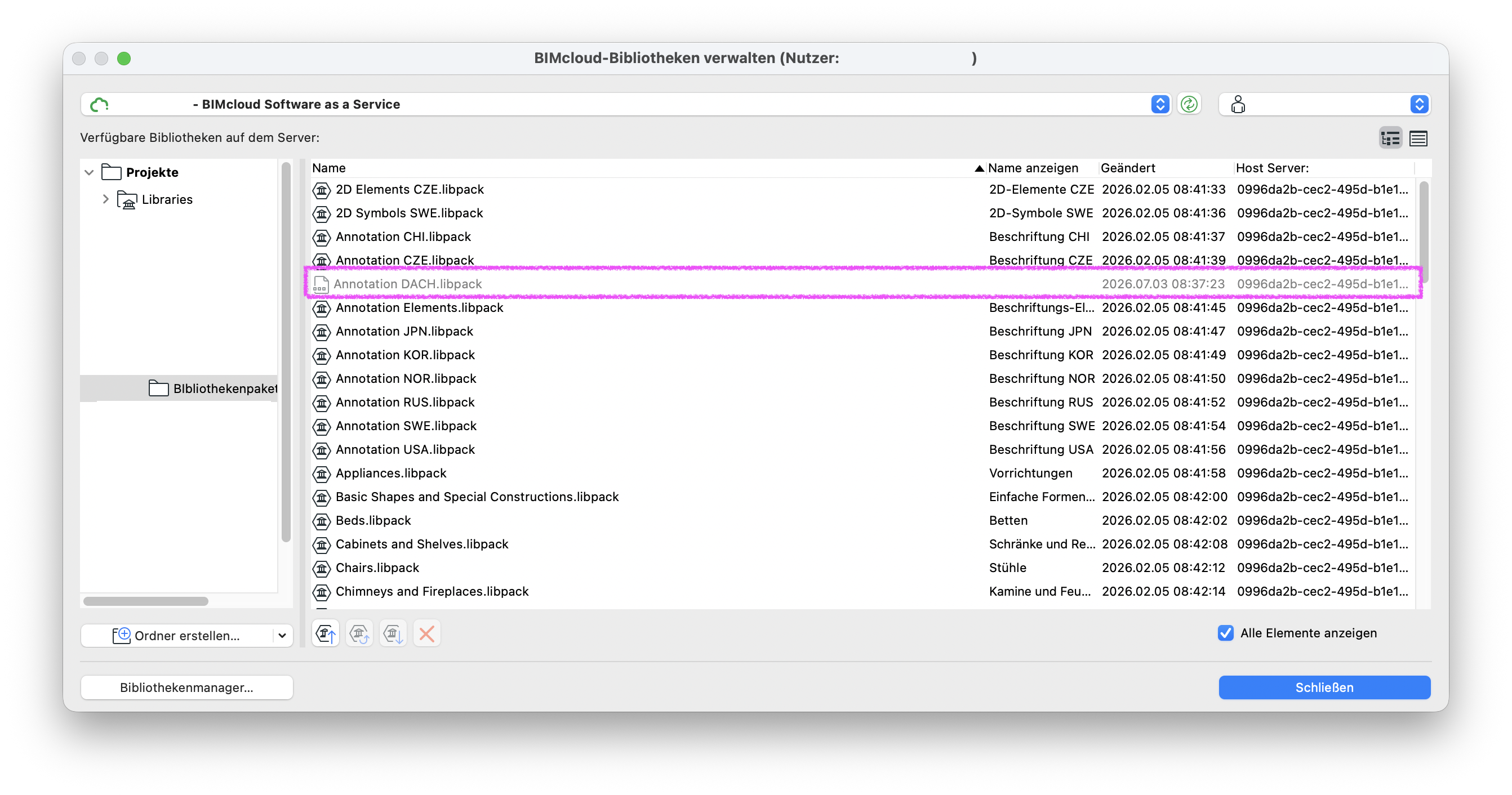 Dialogfenster BIMcloud‑Bibliotheken verwalten einer BIMcloud Software as a Service‑Umgebung, in dem unter Libraries die verfügbaren globalen Bibliothekspakete des Servers gelistet sind; das Paket Annotation DACH.libpack ist grau hinterlegt und hervorgehoben.