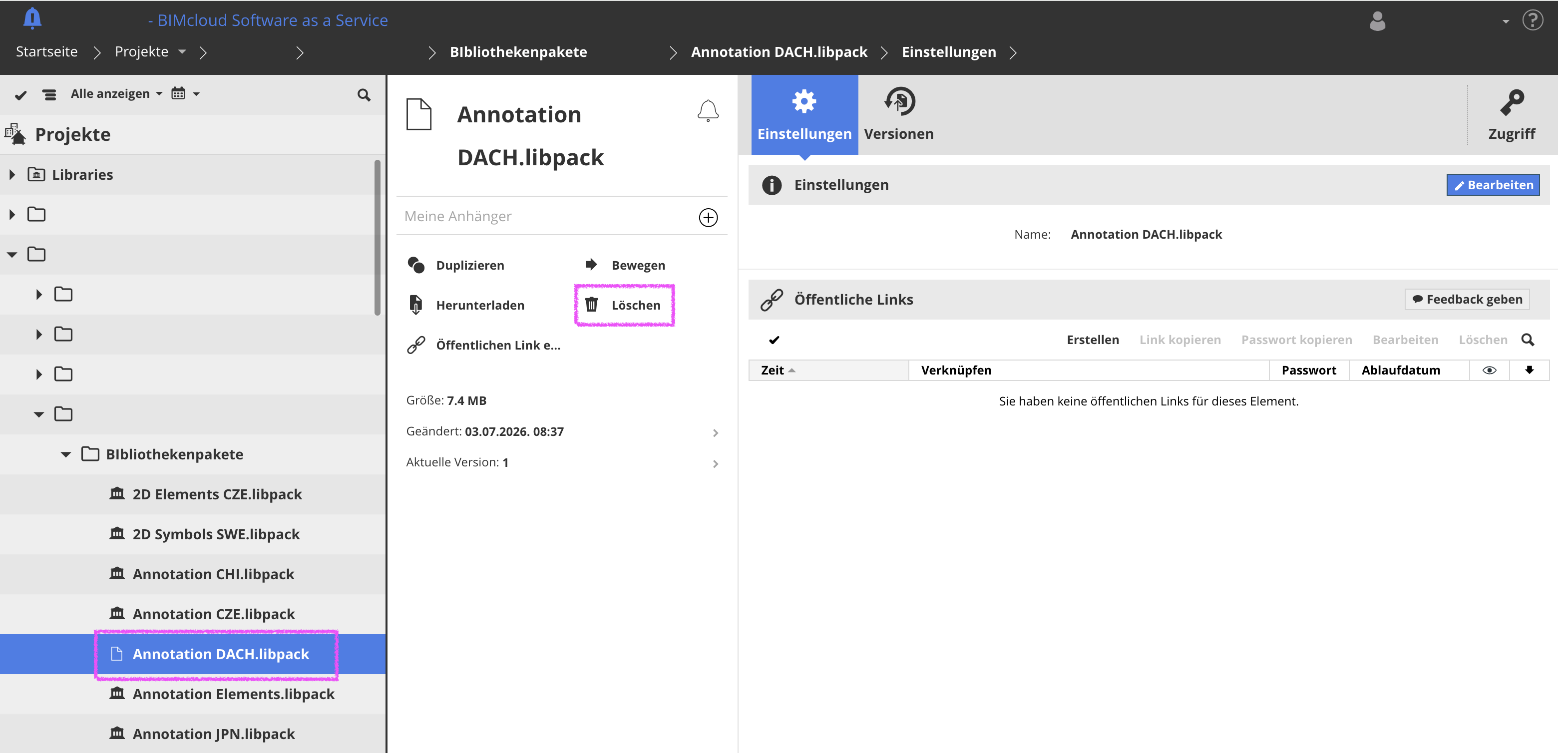 Weboberfläche der BIMcloud Software as a Service, in der im Bereich Bibliothekenpakete das Paket Annotation DACH.libpack ausgewählt ist; links zeigt die Projekt‑ und Bibliotheksstruktur mit den vorhandenen Libpacks, während im mittleren Bereich Aktionen wie Duplizieren, Bewegen, Herunterladen und die hervorgehobene Option Löschen für dieses Bibliothekspaket verfügbar sind, ergänzt durch Angaben zur Dateigröße, dem Änderungszeitpunkt und der aktuellen Version, und rechts unter Einstellungen die Konfiguration öffentlicher Links für die Bibliothek angezeigt wird.