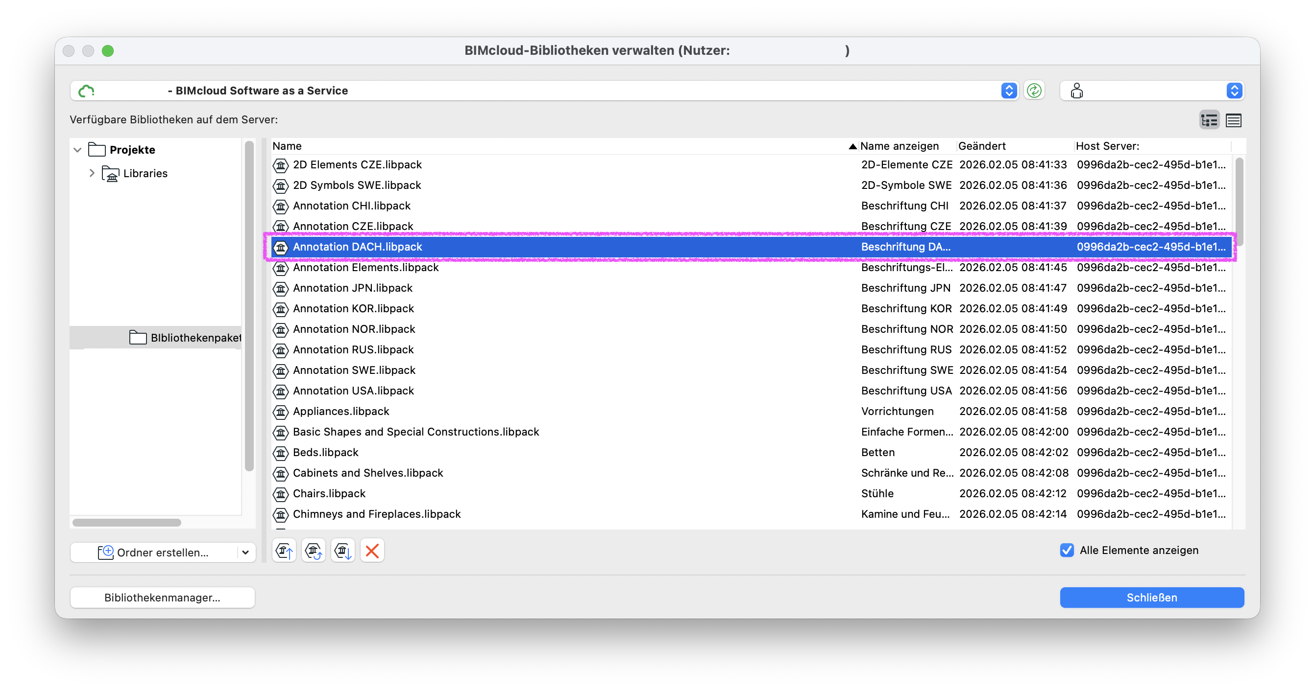 Dialogfenster BIMcloud‑Bibliotheken verwalten einer BIMcloud Software as a Service‑Instanz, in dem im Ordner Bibliothekenpakete das globale Bibliothekspaket Annotation DACH.libpack ausgewählt und hervorgehoben ist; in der Spalte Name anzeigen erscheint der zugehörige Anzeigename Beschriftung DACH, zusammen mit Änderungsdatum und Host‑Server, sodass dieses Libpack der globalen Standardbibliothek für Beschriftungsobjekte in der DACH‑Sprachversion eindeutig identifiziert und verwaltet werden kann.