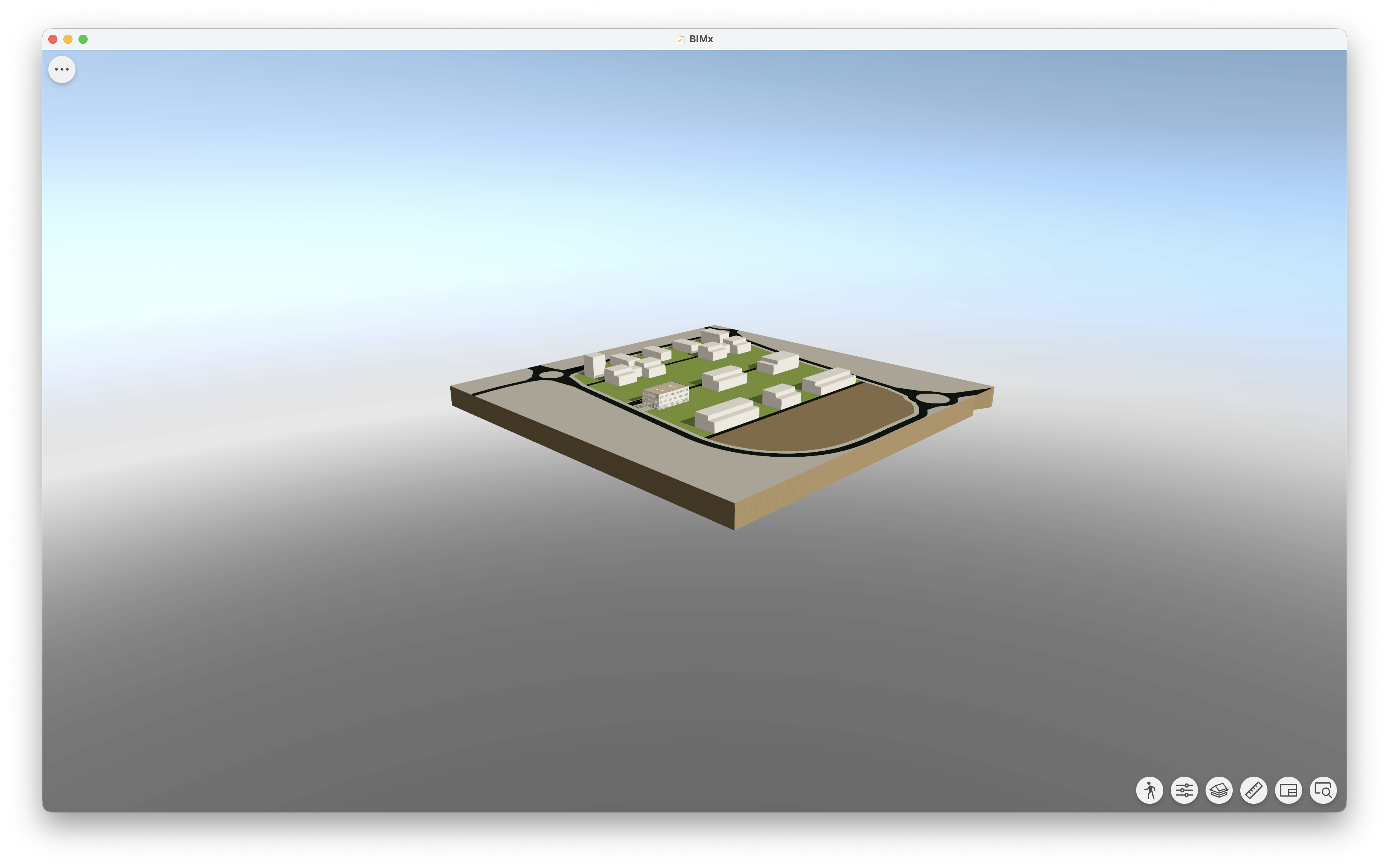 Fenster des BIMx‑Desktop‑Viewers, in dem dasselbe 3D‑Geländemodell mit Straßen und Gebäuden nun vor einem hellen Himmel‑Hintergrund mit grauem Bodenverlauf dargestellt wird; der Hintergrund entspricht der in den BIMx Export‑Optionen gewählten Einstellung Modell‑Hintergrund: Himmel/Skybox.