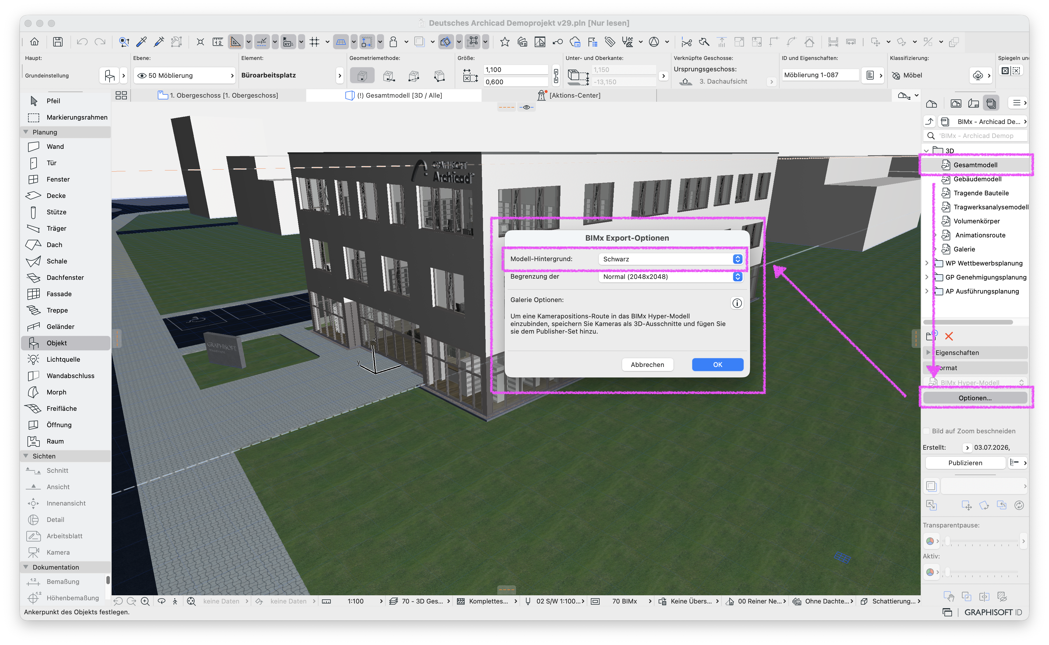3D‑Arbeitsbereich eines Projekts, in dem über den Publisher rechts der Ausschnitt Gesamtmodell ausgewählt ist und das Dialogfenster BIMx Export‑Optionen geöffnet wurde; darin ist der Parameter Modell‑Hintergrund auf Schwarz gestellt, was zu einem schwarzen Hintergrund im späteren BIMx‑Hyper‑Modell führt.