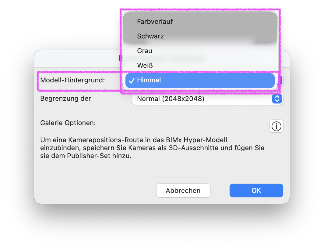 Ausschnitt aus dem Dialogfenster BIMx Export‑Optionen, in dem die Einstellung Modell‑Hintergrund geöffnet ist und über das Dropdown‑Menü von Optionen wie Farbverlauf, Schwarz, Grau und Weiß auf Himmel umgestellt wird, sodass der spätere BIMx‑Hyper‑Modell‑Export anstelle eines schwarzen Hintergrunds mit dem standardmäßigen Himmel‑ beziehungsweise Skybox‑Bild dargestellt wird.