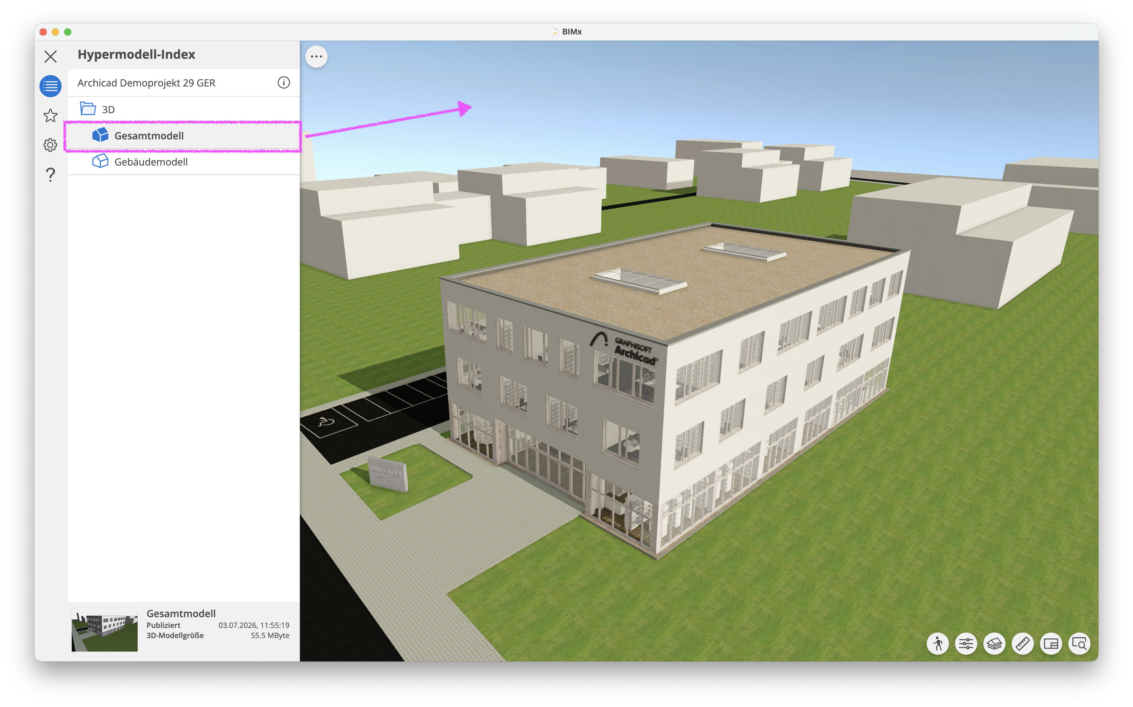 Erstes BIMx Hyper-Modell-Index-Element mit dynamischen Skybox-Himmel.