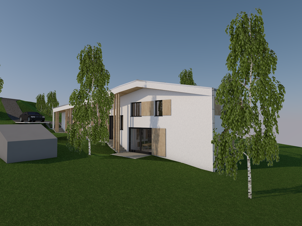 Außenrendering eines modernen Hauses in Hanglage mit weißer Fassade und Holzlamellen, umgeben von mehreren detailliert dargestellten Laubbäumen und Grünflächen, mit einem geparkten Fahrzeug auf der oberen Zufahrt, das die korrigierte Darstellung der Baumobjekte ohne graue rechteckige Hintergründe zeigt.
