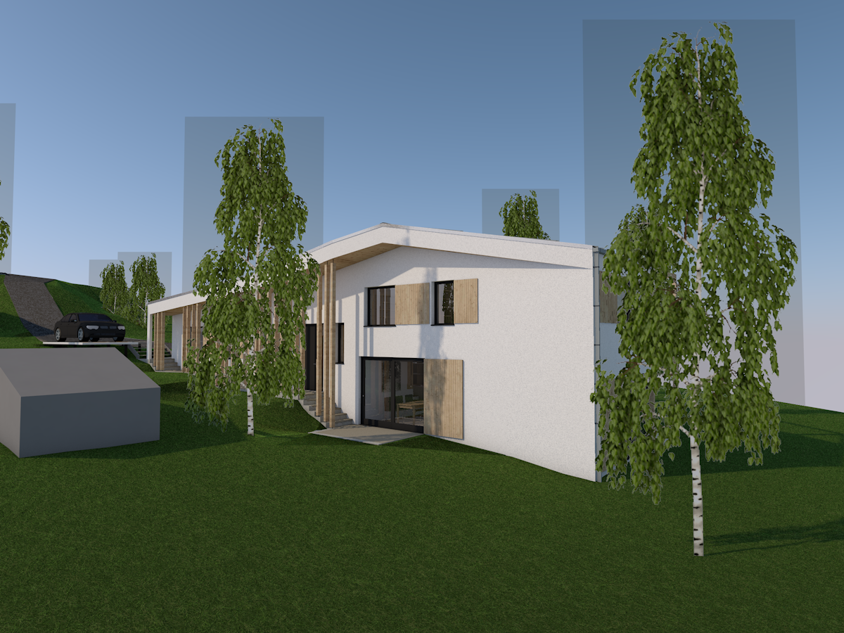 Gerendertes Haus auf grünem Hang, umgeben von mehreren 2D‑Baumobjekten, deren eigentlich transparenter Hintergrund als große graue Rechtecke hinter den Baumkronen erscheint.