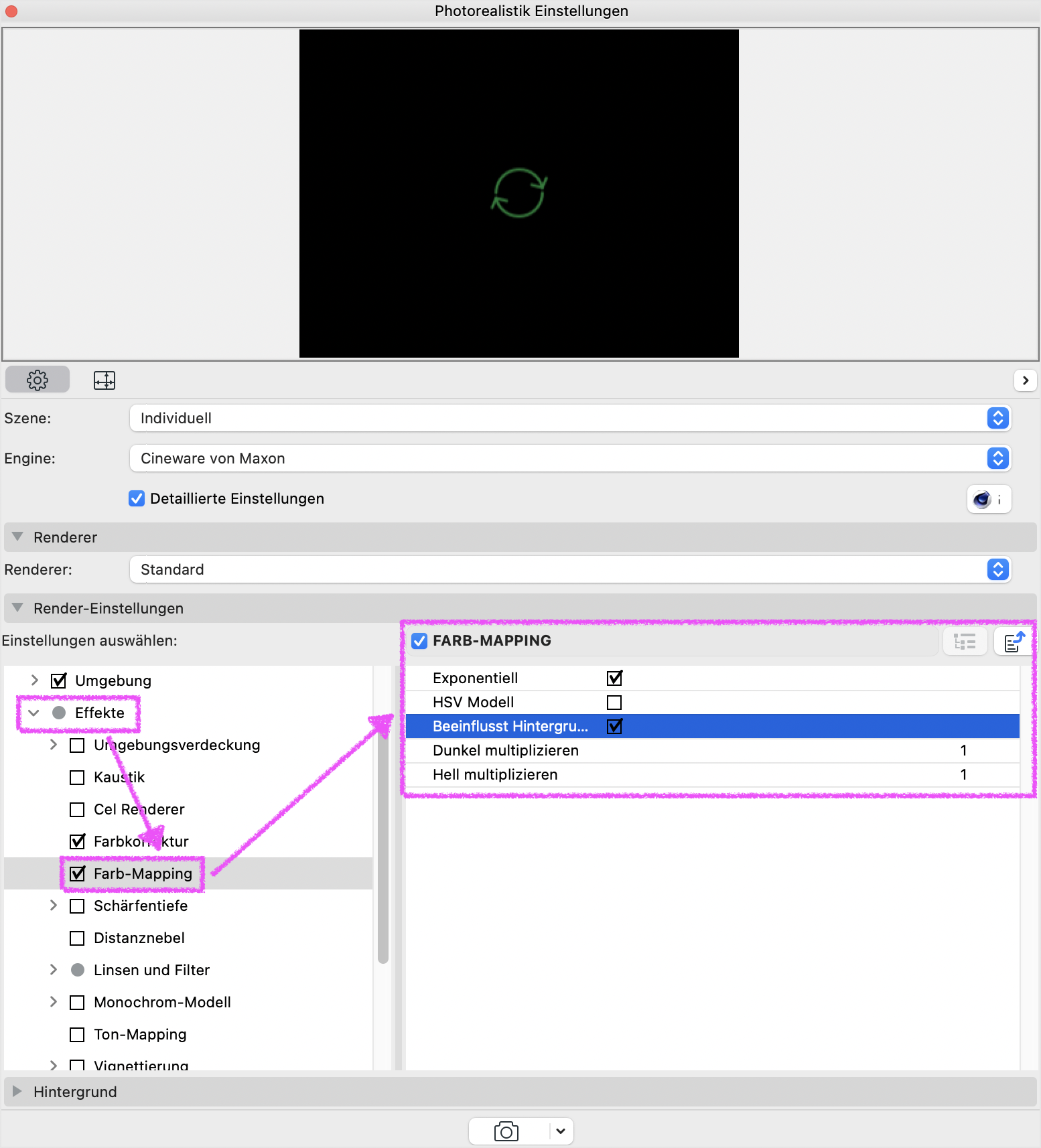 Dialogfenster Photorealistik Einstellungen mit aktivierter Engine Cineware von Maxon, in dem im Bereich Render‑Einstellungen der Effekt Farb‑Mapping ausgewählt ist; rechts sind die Optionen Exponentiell, HSV Modell, Beeinflusst Hintergrund, Dunkel multiplizieren und Hell multiplizieren sichtbar, wobei Beeinflusst Hintergrund aktiviert ist.