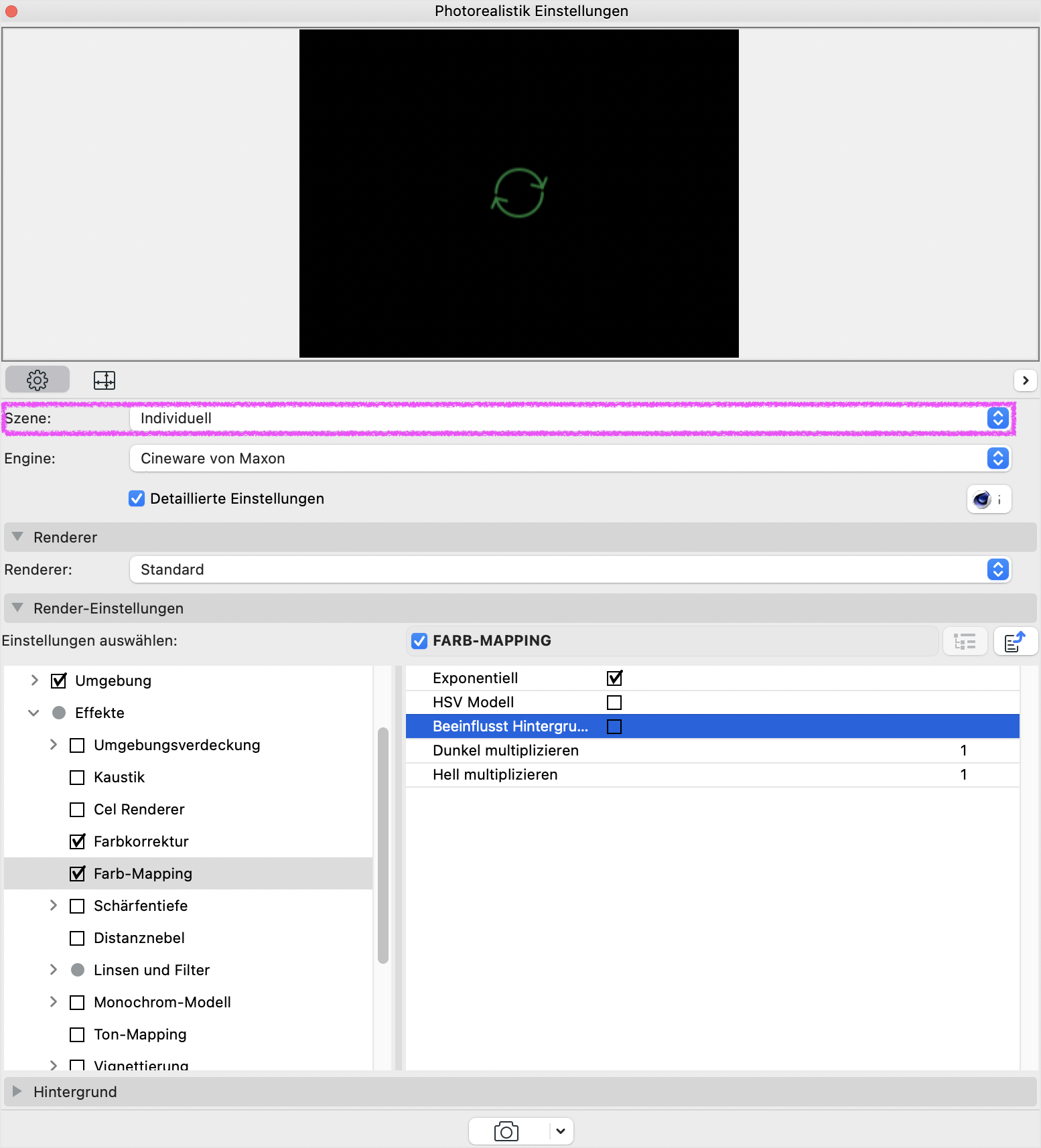 Dialogfenster Photorealistik Einstellungen mit der Zeile Szene, in der der Szenenname Individuell erscheint und damit zeigt, dass die aktuell eingestellten Renderparameter als eigene Szene gespeichert werden sollten.