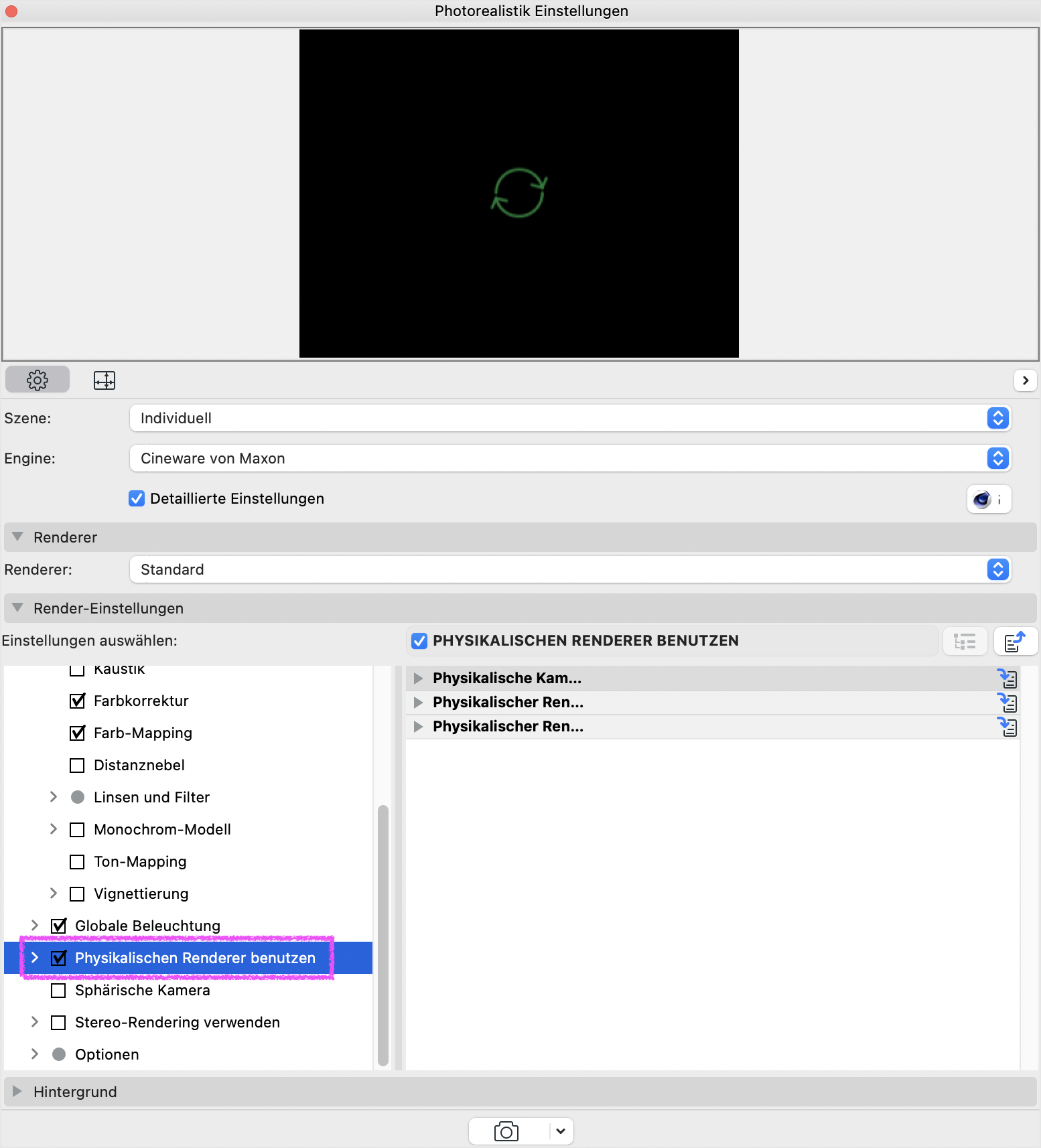 Dialogfenster Photorealistik Einstellungen mit aktivierter Engine Cineware von Maxon, in dem im Bereich Render‑Einstellungen der Effekt Physikalischen Renderer benutzen markiert ist.