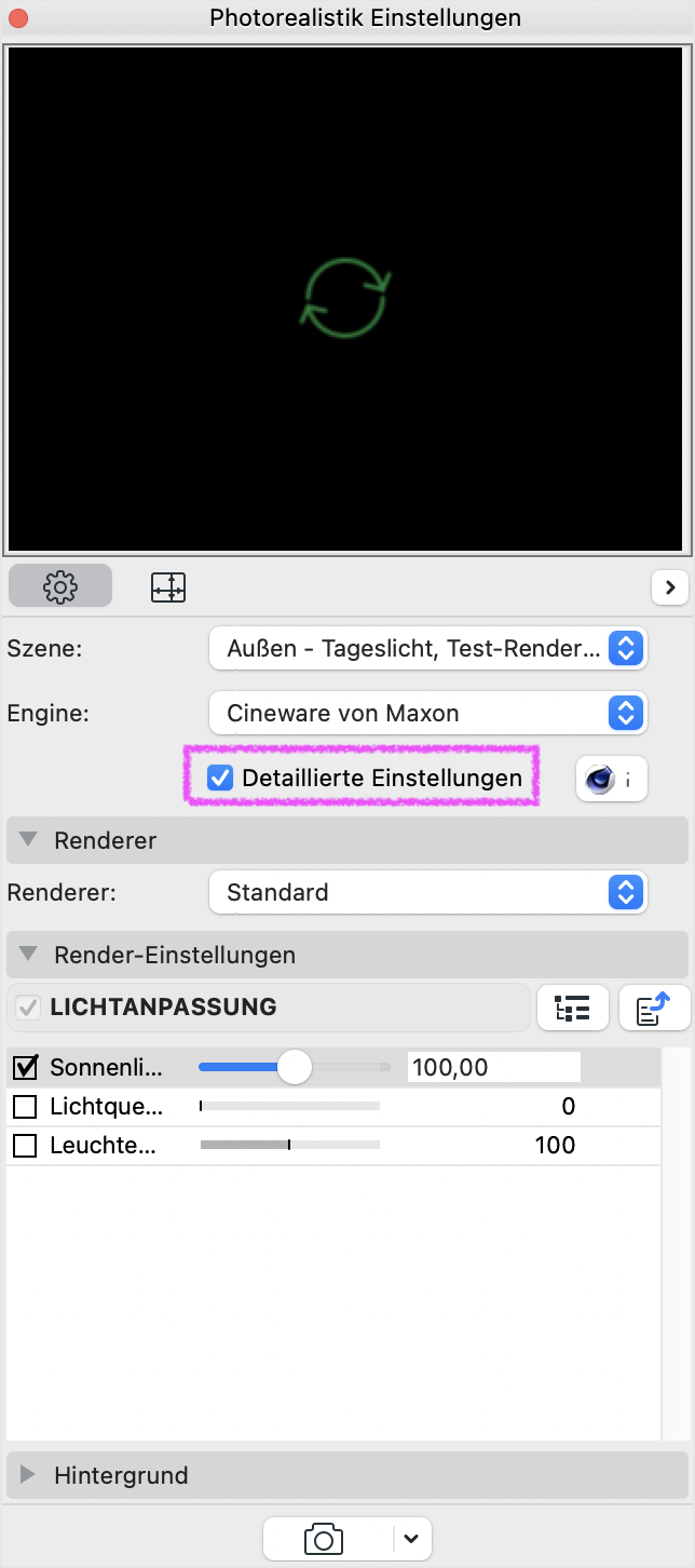 Dialogfenster Photorealistik Einstellungen mit aktivierter Engine Cineware von Maxon, in dem die Option Detaillierte Einstellungen markiert ist und darunter im Abschnitt Lichtanpassung die Intensität von Sonnenlicht, Lichtquellen und Leuchtenden Oberflächen für das Rendering angepasst werden kann.