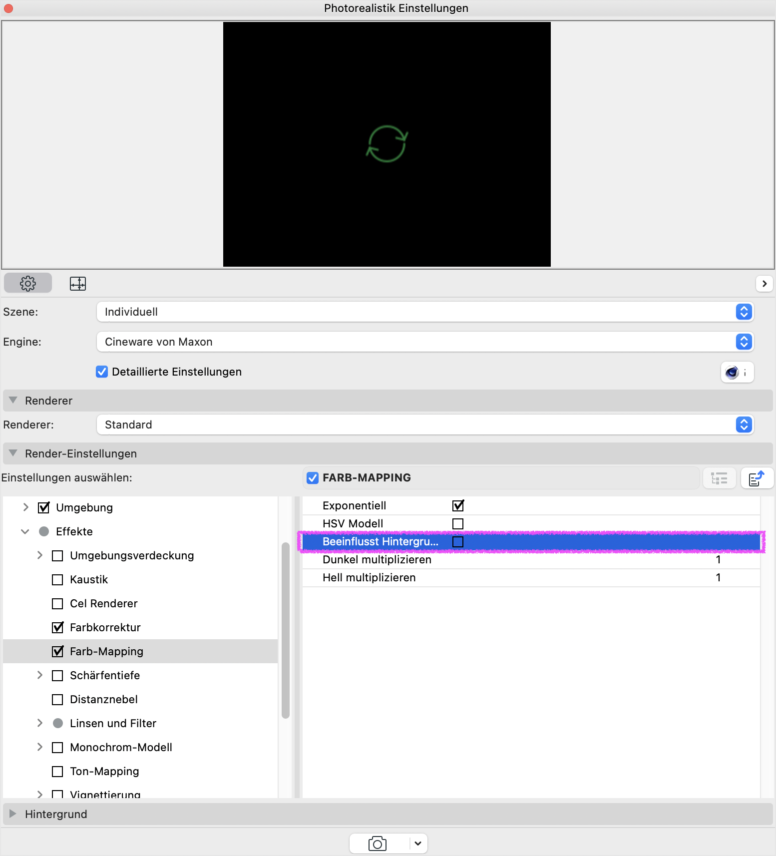 Dialogfenster Photorealistik Einstellungen mit aktivierter Engine Cineware von Maxon, in dem im Bereich Render‑Einstellungen der Effekt Farb‑Mapping geöffnet ist; rechts sind die Optionen Exponentiell, HSV Modell, Beeinflusst Hintergrund, Dunkel multiplizieren und Hell multiplizieren sichtbar, wobei der Haken bei Beeinflusst Hintergrund deaktiviert wurde.