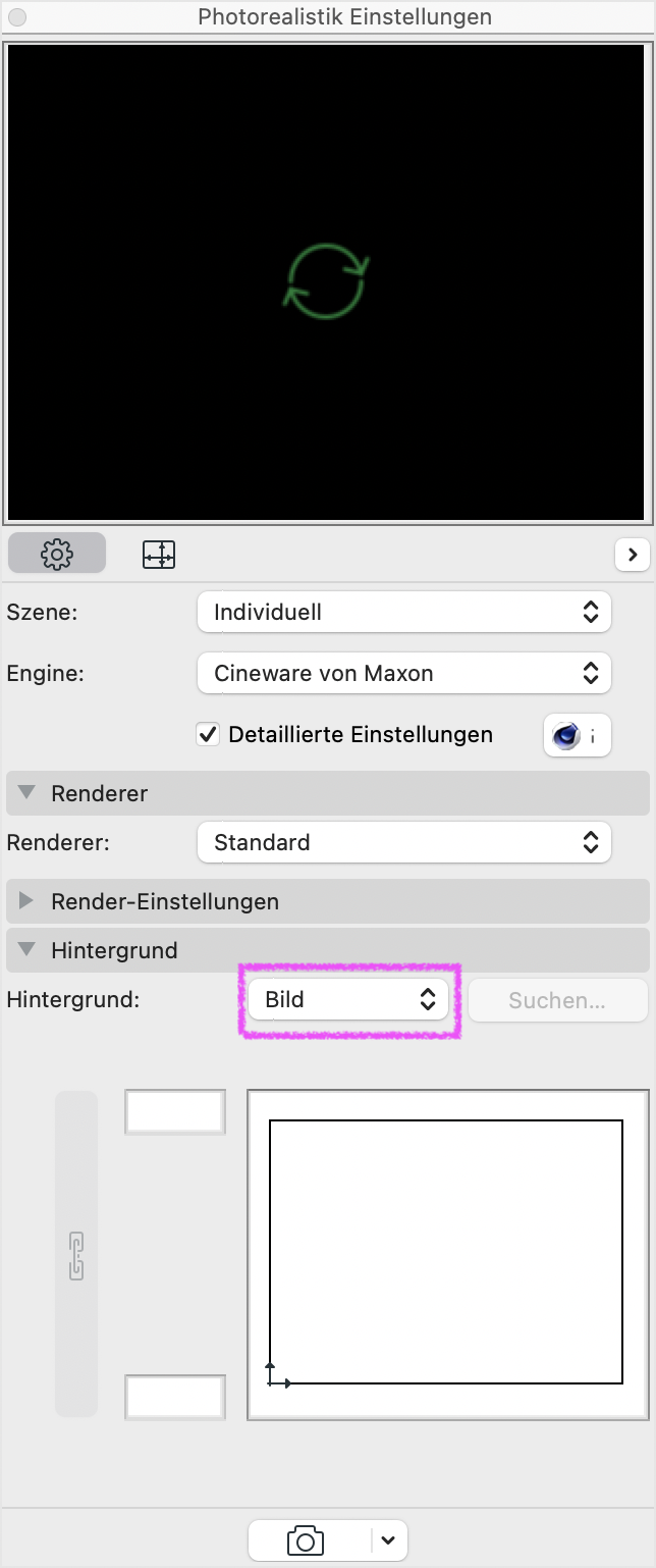 Dialogfenster Photorealistik Einstellungen mit aktivierter Engine Cineware von Maxon und Szene Individuell, in dem im Bereich Hintergrund die Option Bild gewählt ist, sodass ein eigenes Standortfoto als Hintergrundgrafik für das Rendering geladen und über die darunter angezeigte Rahmenvorschau ausgerichtet werden kann.