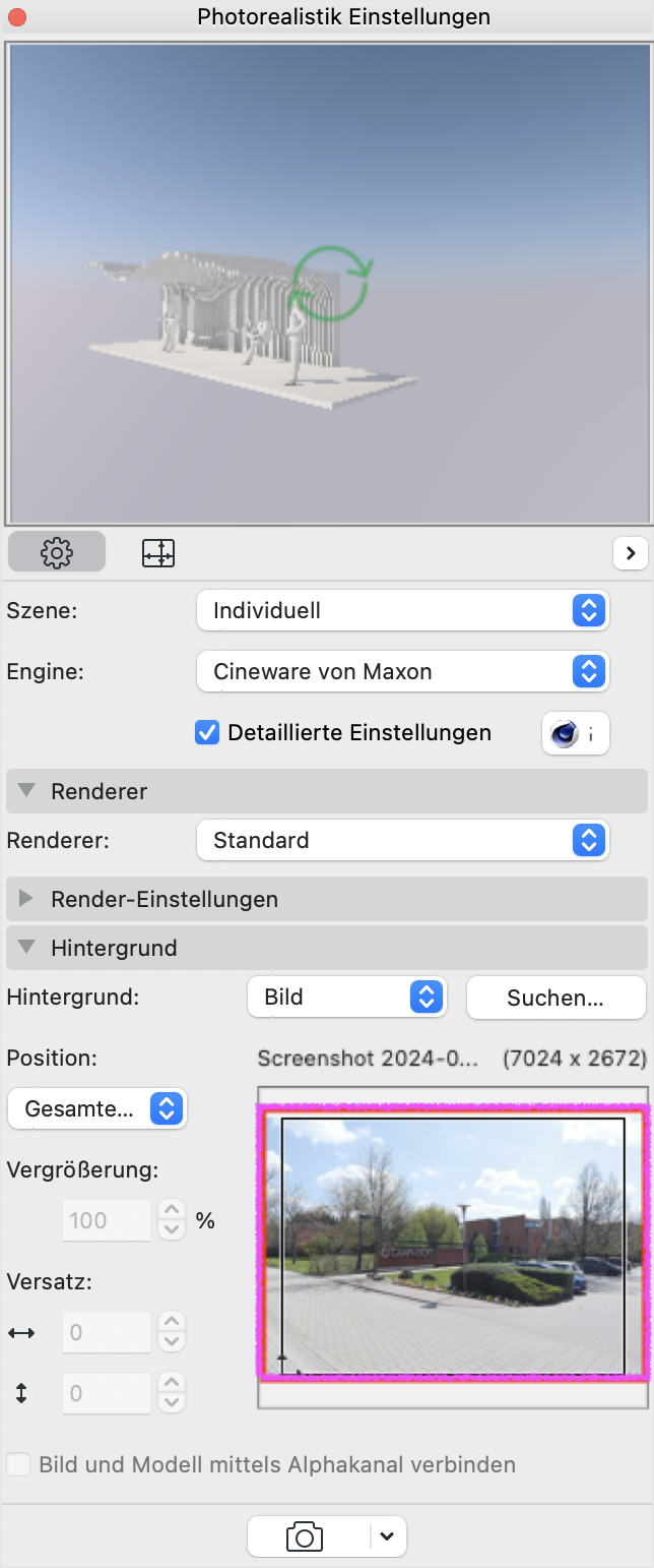 Dialogfenster Photorealistik Einstellungen mit aktivierter Engine Cineware von Maxon und Szene Individuell, in dem im Bereich Hintergrund ein Screenshot‑Foto als Bild ausgewählt ist; bei Position steht Gesamten Hintergrund ausfüllen und in der Rahmenvorschau wird das Standortfoto angezeigt, sodass es den kompletten Rendering‑Hintergrund ausfüllt und das 3D‑Modell perspektivisch passend vor dem Bild positioniert werden kann.