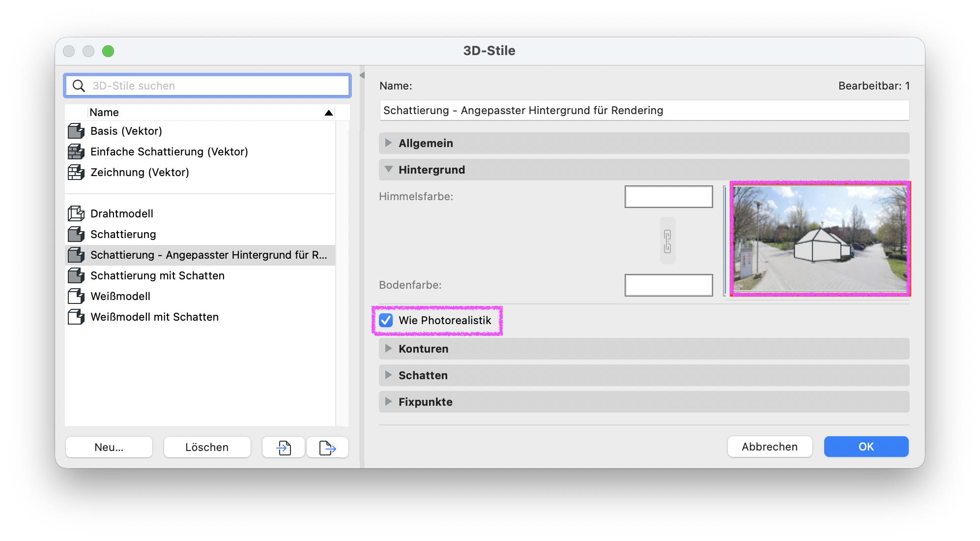 Dialogfenster 3D‑Stile, in dem der neu angelegte Stil Schattierung – Angepasster Hintergrund für Rendering ausgewählt ist und im Bereich Hintergrund die Option Wie Photorealistik aktiviert wurde, sodass das im Photorealistik‑Dialog definierte Hintergrundbild auch im 3D‑Fenster verwendet und dort in der Vorschau hinter dem schattierten Gebäudemodell angezeigt wird.