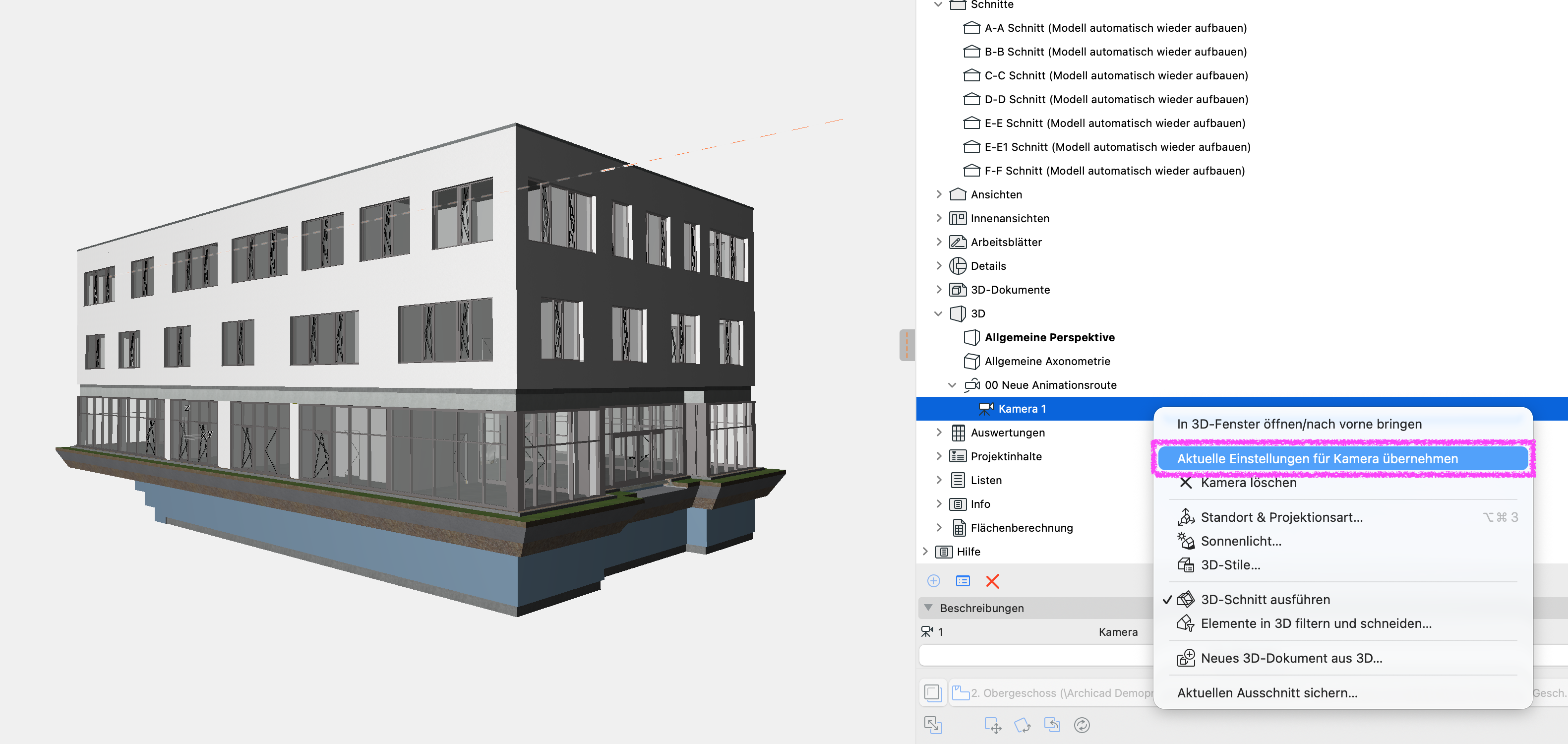Perspektive auf Gebäude im 3D-Fenster und markierte Option im Kontextmenü bei Kamera "Aktuelle Einstellungen für Kamera übernehmen".