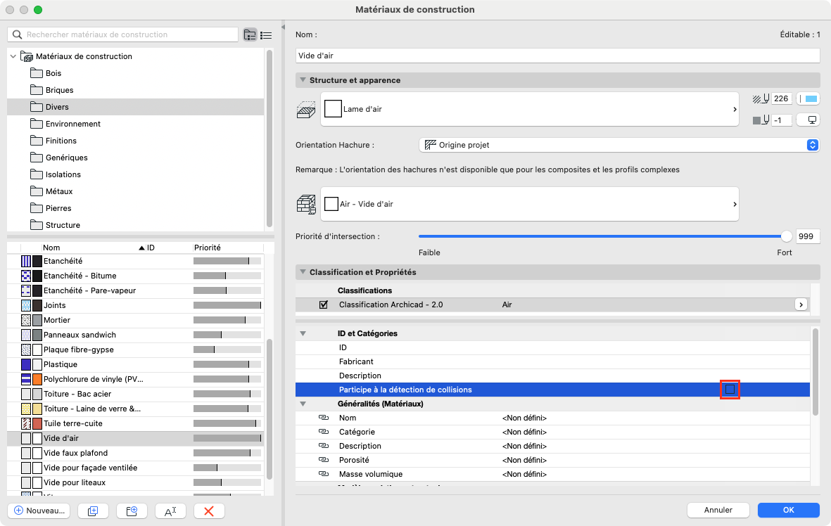 Fenêtre Matériaux de construction d’Archicad en français, montrant la catégorie Divers, le matériau « Vide d’air » sélectionné, ses propriétés de structure et classification Archicad 2.0, et la ligne « Participe à la détection de collisions » surlignée dans le panneau de droite.