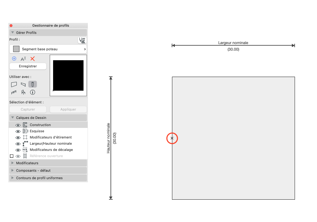 Interface Archicad du Gestionnaire de profils en français, avec le profil « Segment base poteau » sélectionné à gauche et, à droite, un carré représentant la section du poteau, dimensionné 30 × 30, où le point de référence est marqué par un cercle rouge sur le bord gauche.