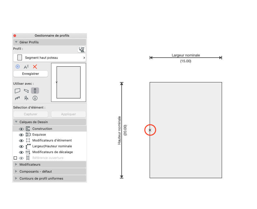 Interface Archicad du Gestionnaire de profils en français, avec le profil « Segment haut poteau » sélectionné à gauche et, à droite, un rectangle représentant la partie supérieure du poteau, dimensionné 15 × 20, où le point de référence est marqué par un cercle rouge sur le bord gauche.