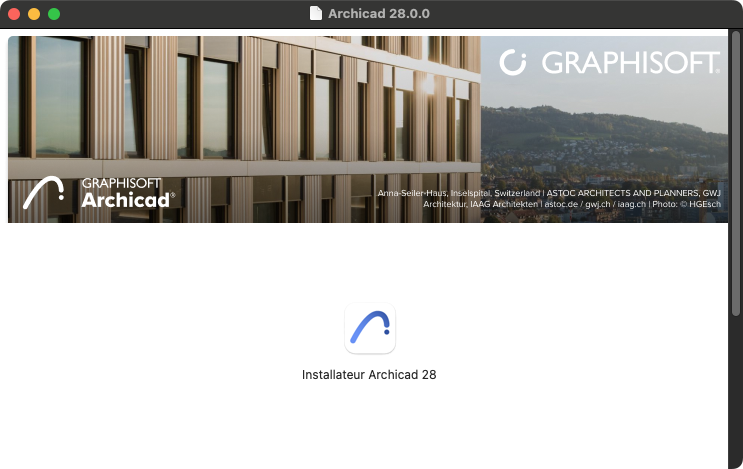 Fenêtre de volume Archicad 28.0.0 sur macOS, affichant en haut une image promotionnelle Graphisoft Archicad avec logo, et en bas une icône Archicad légendée « Installateur Archicad 28 » au centre de l’écran.