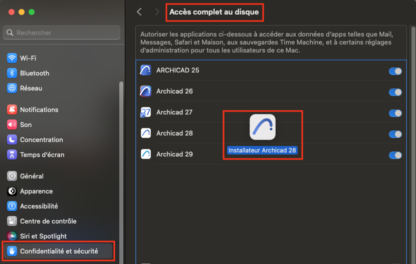 Fenêtre Réglages de macOS en mode sombre, section « Confidentialité et sécurité » ouverte, affichant l’onglet « Accès complet au disque » où plusieurs versions Archicad sont listées et activées, et l’application « Installateur Archicad 28 » mise en évidence par un encadré rouge.