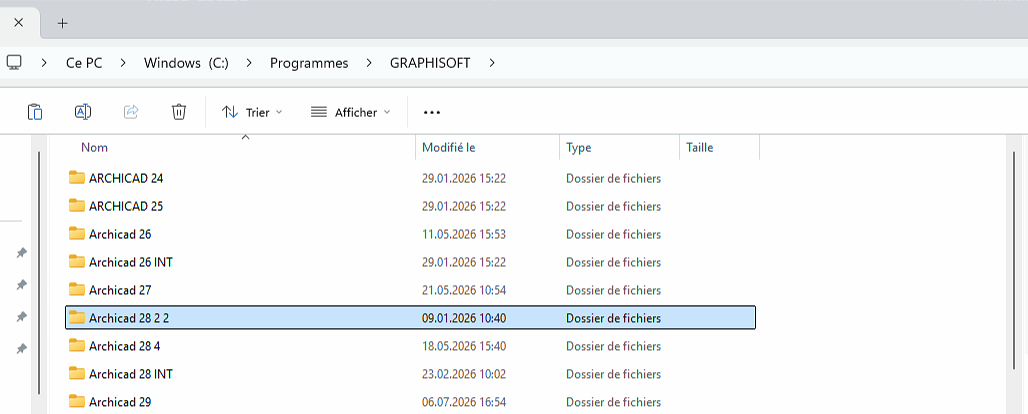 Fenêtre de l’explorateur Windows affichant le dossier « GRAPHISOFT » dans Programmes, avec plusieurs sous-dossiers Archicad listés et le dossier « Archicad 28 2 2 » en surbrillance, montrant les colonnes Nom, Modifié le, Type et Taille.