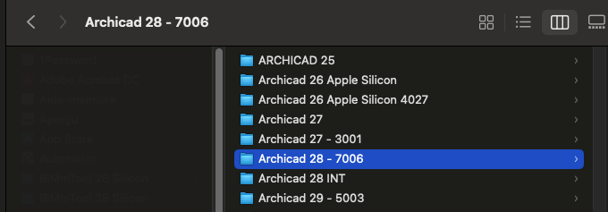 Fenêtre du Finder macOS en mode sombre, avec le dossier « Archicad 28 - 7006 » sélectionné dans une liste de versions Archicad (ARCHICAD 25, Archicad 26 Apple Silicon, Archicad 27, Archicad 28 INT, Archicad 29 – 5003).
