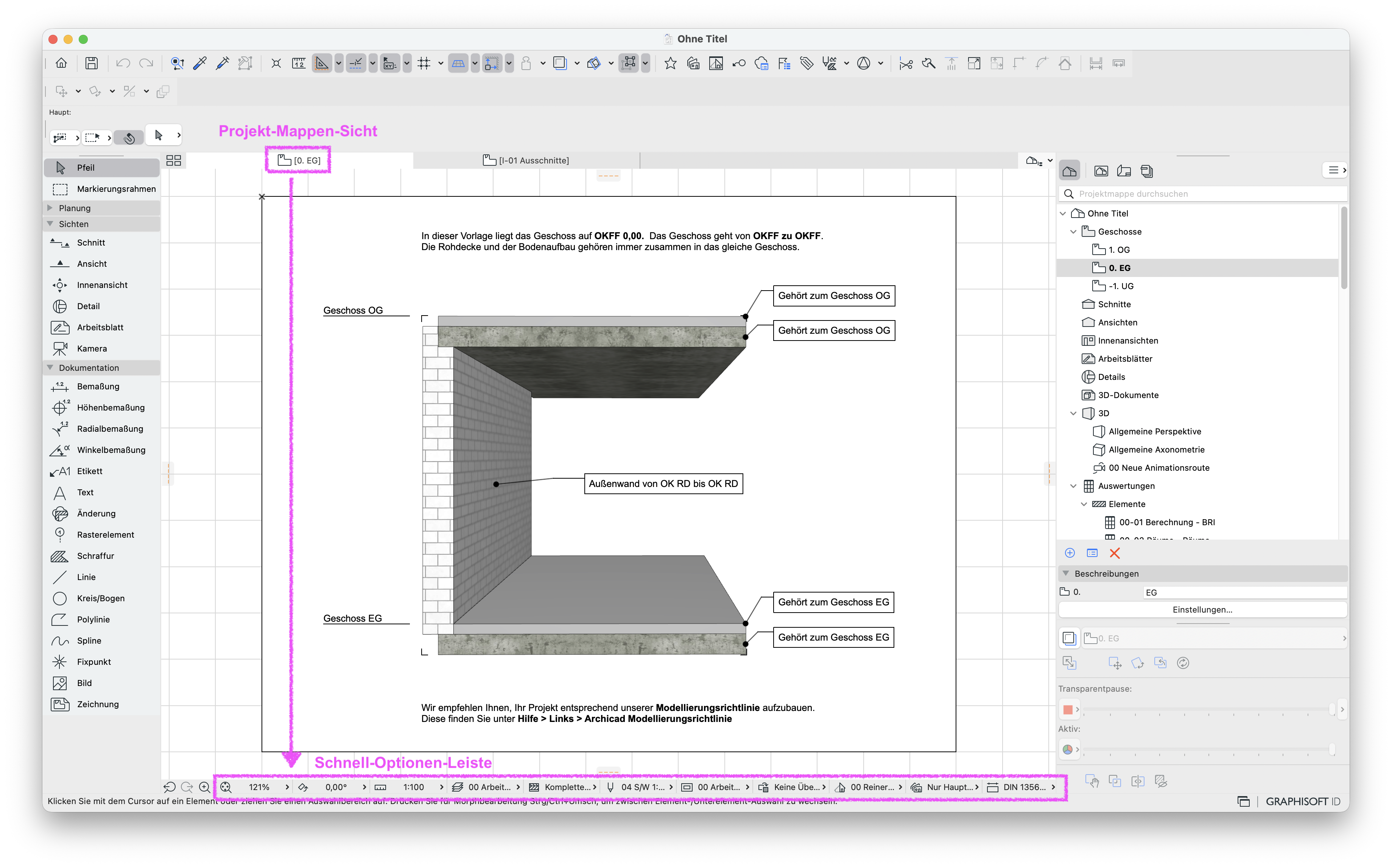 Aktivem Geschoss 0. EG in der Projekt‑Mappen‑Sicht, in dem eine Modellierungsrichtlinien‑Grafik platziert ist und am unteren Fensterrand die Schnell‑Optionen‑Leiste angezeigt wird.