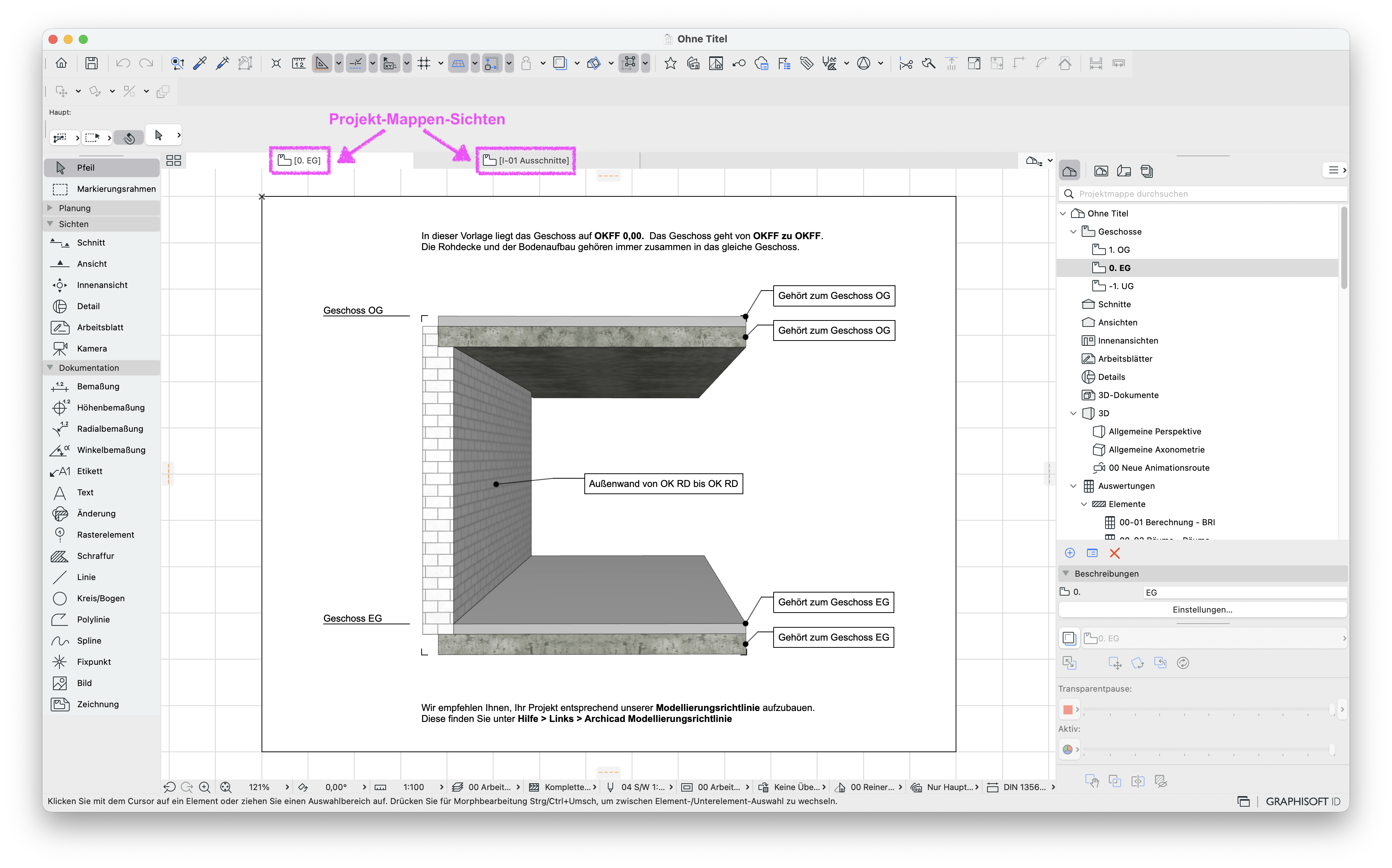 Programmfenster mit Grundrissansicht, oben in der Tab‑Leiste zwei graue Reiter mit Ordner‑Symbol und Beschriftung 0. EG sowie 1‑01 Ausschnitte, die anzeigen, dass aktuell zwei Projekt‑Mappen‑Sichten geöffnet sind; rechts daneben die Werkzeugleiste und der Navigator mit der Projektstruktur.