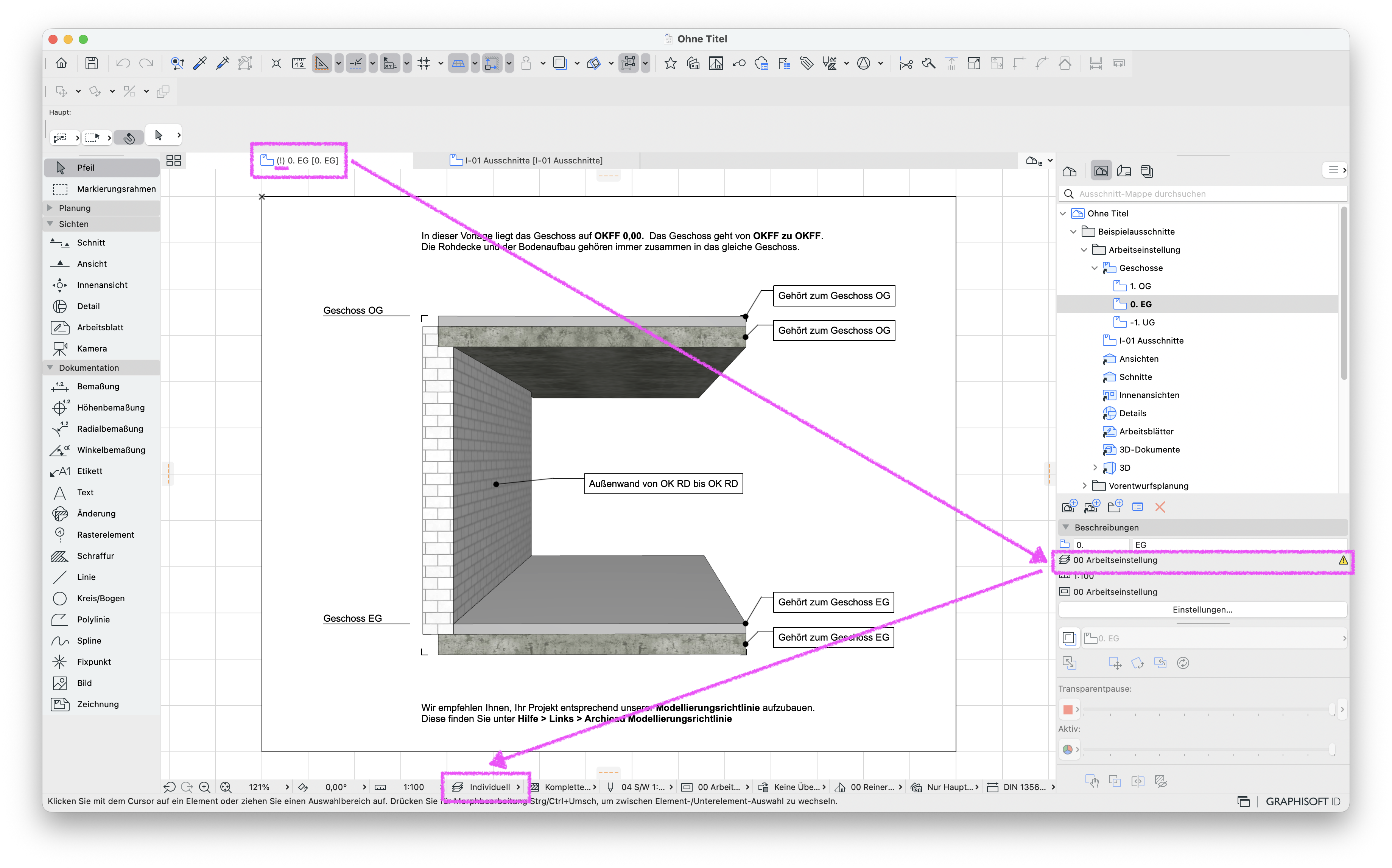 Programmfenster mit Grundriss‑Ausschnitt im Tab 0. EG [0. EG], rechts im Navigator ist für dasselbe Geschoss die Ebenenkombination 00 Arbeitseinstellung mit gelbem Warn‑Dreieck markiert, während in der Schnell‑Optionen‑Leiste unten eine abweichende Ebenenkombination Individuell angezeigt wird; die Diskrepanz zwischen gespeicherter Ebenenkombination des Ausschnitts und aktuell eingestellter Darstellung wird im Tab‑Titel durch ein Ausrufezeichen hervorgehoben.
