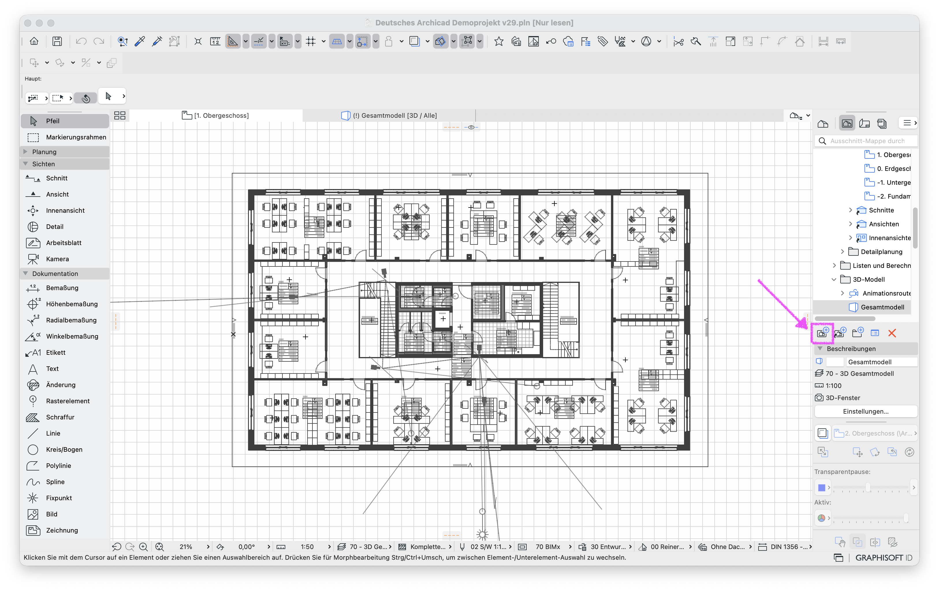 Archicad Programmfenster mit schwarzweißem Bürogrundriss, rechts im Navigator ist in der Ausschnitt‑Mappe ausgewählt; unterhalb des Navigator‑Baums ist in der Leiste Beschreibungen das Symbol "Aktuellen Ausschnitt sichern… "hervorgehoben, mit dem die aktuell dargestellte Sicht als neuer Ausschnitt gespeichert werden kann.